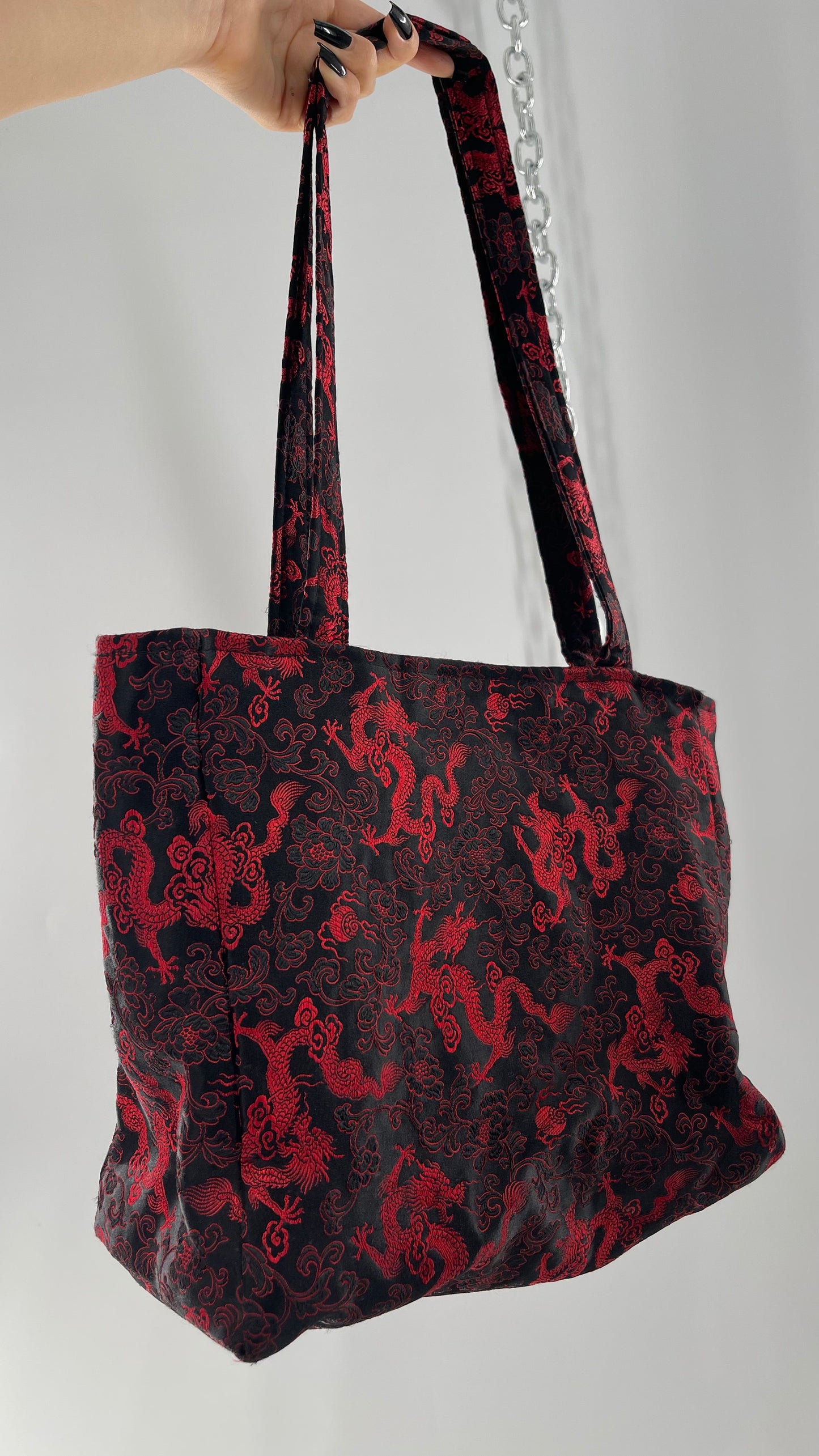 Vintage Black Satin/Silky Tote with Red Dragon/Floral Embroidery