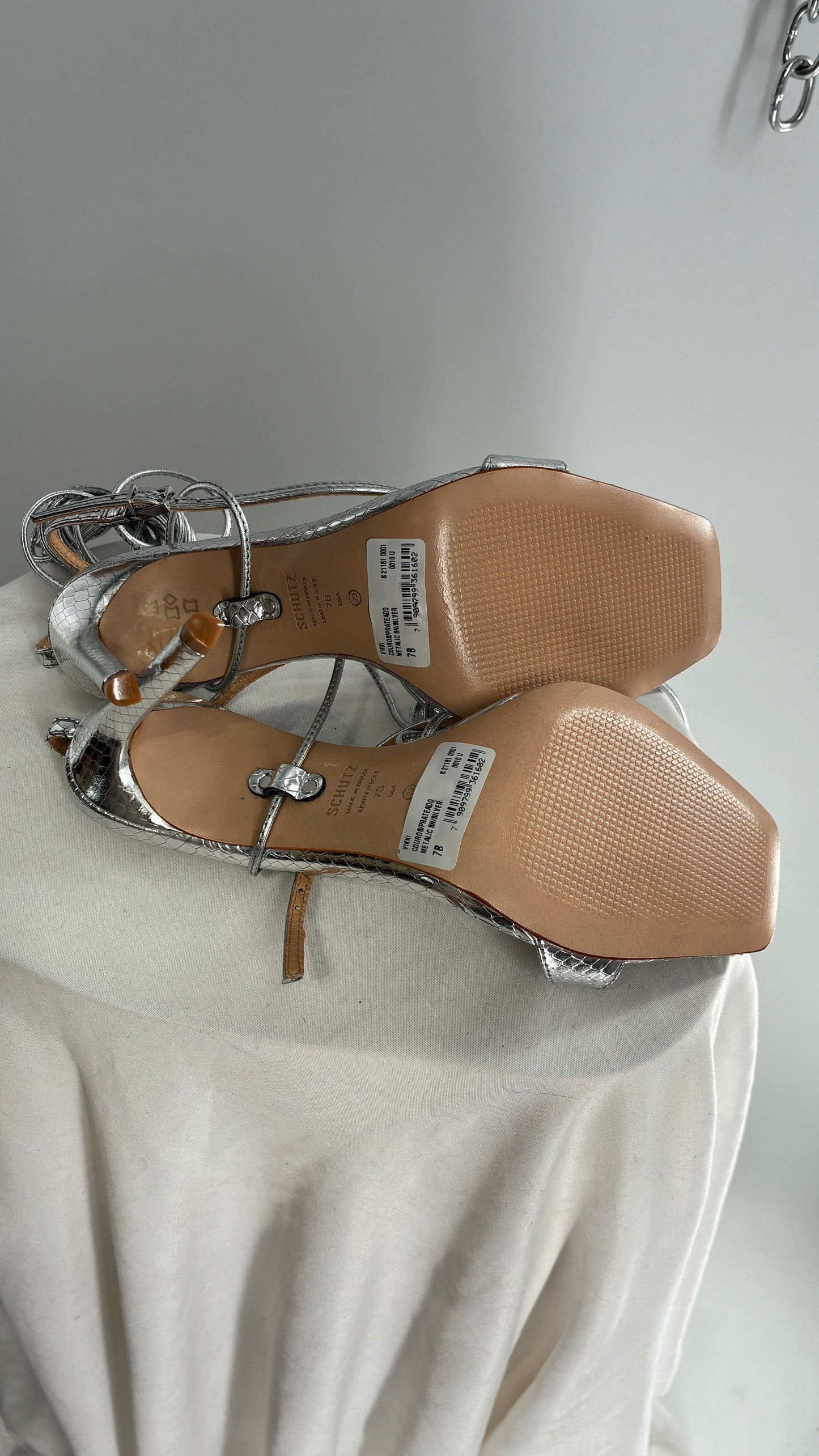 SCHÜTZ Silver Angular Tie Up Heels with Mirror Toe Detail (7)