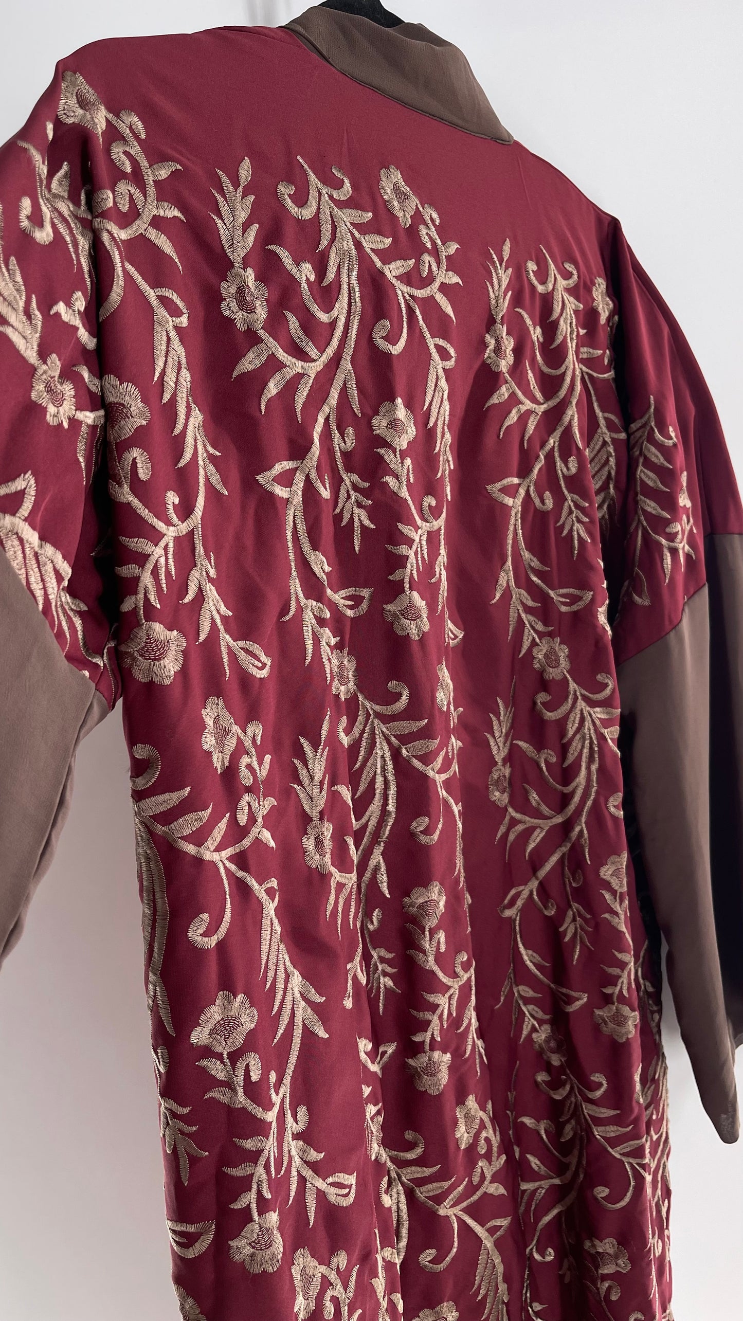 Vintage Embroidered Burgundy Sweeping Duster Coat/Cape with Tan Embroidery