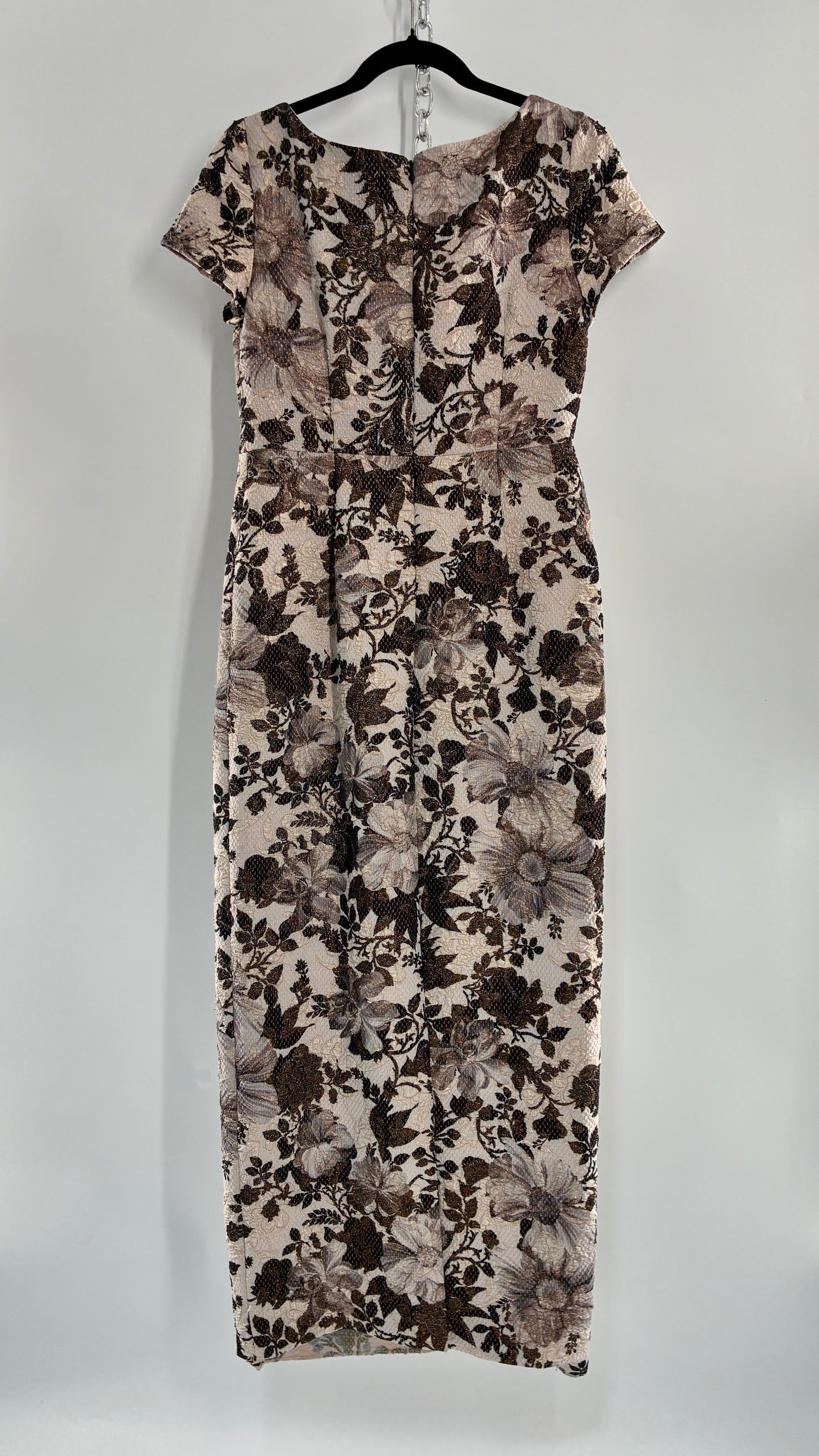 Vintage Adrianna Papell Neutral Floral Dress with Beading and Gold Sheen (6P)