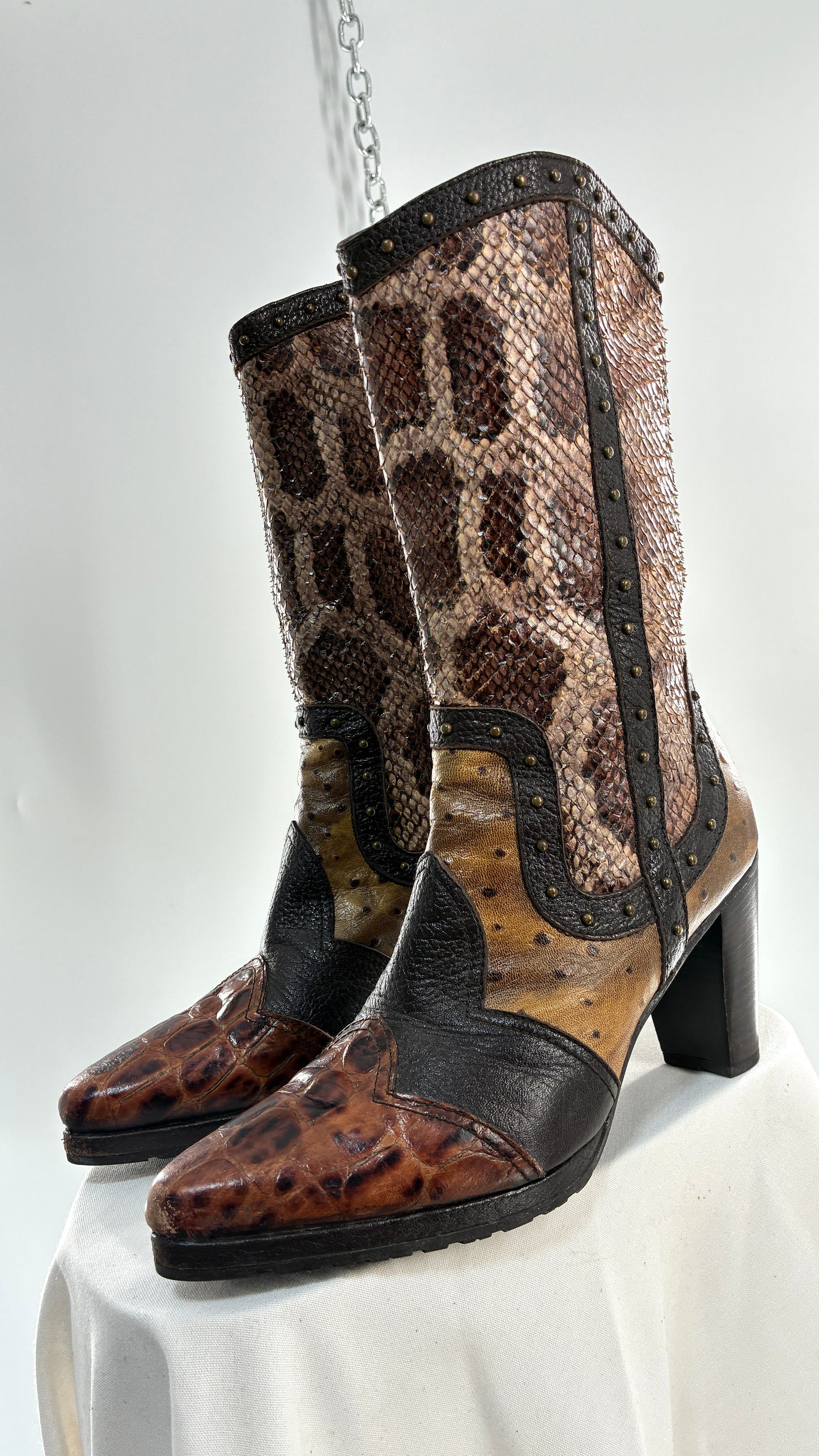 Vintage STUART WEITZMAN Stampede Boots Ft Snake, Crocodile and Ostrich Embossed Leather (8.5)