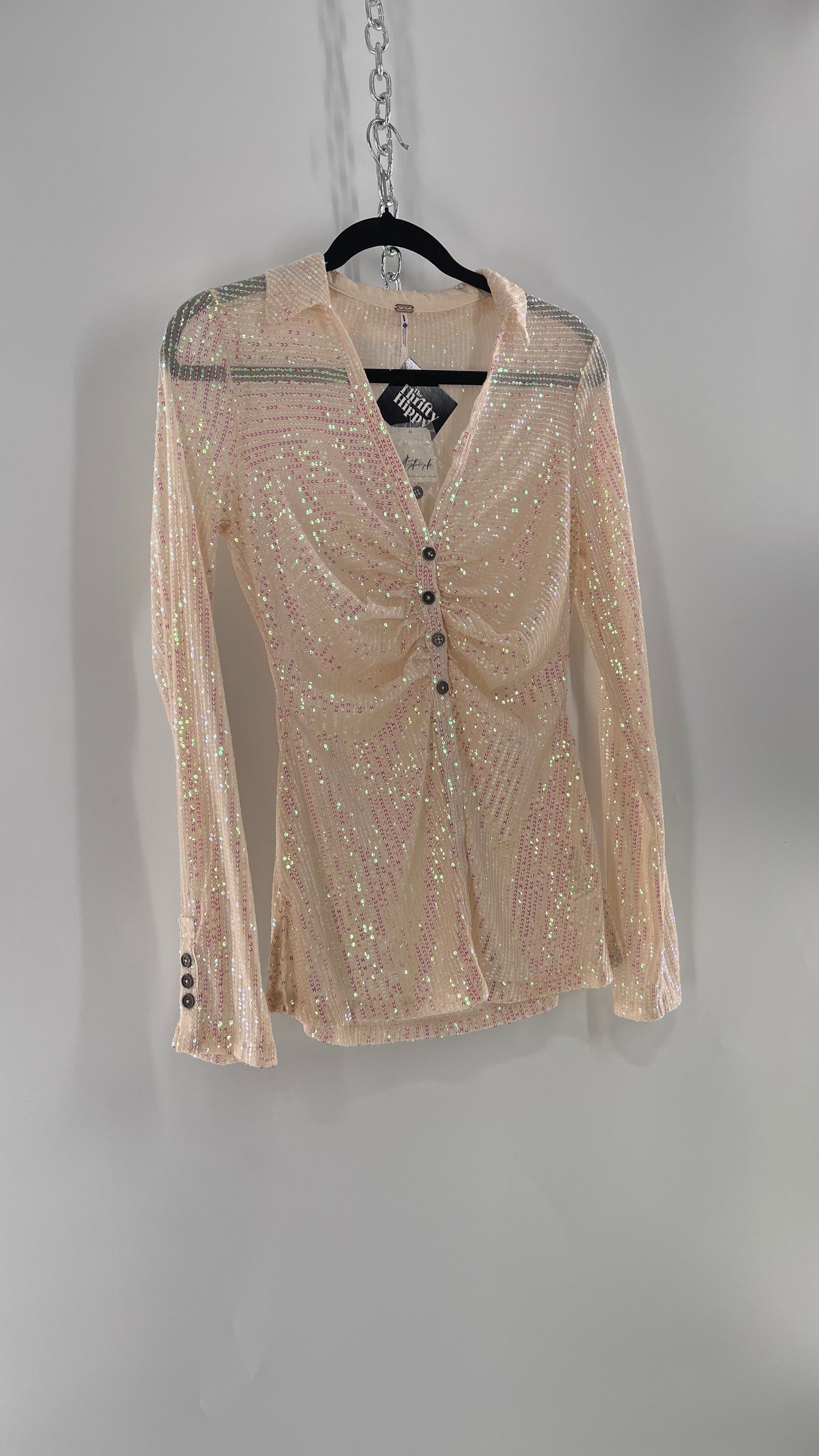 Free People Iridescent Sequined Button Front Ruched Bust Blouse with Tags Attached (Small)