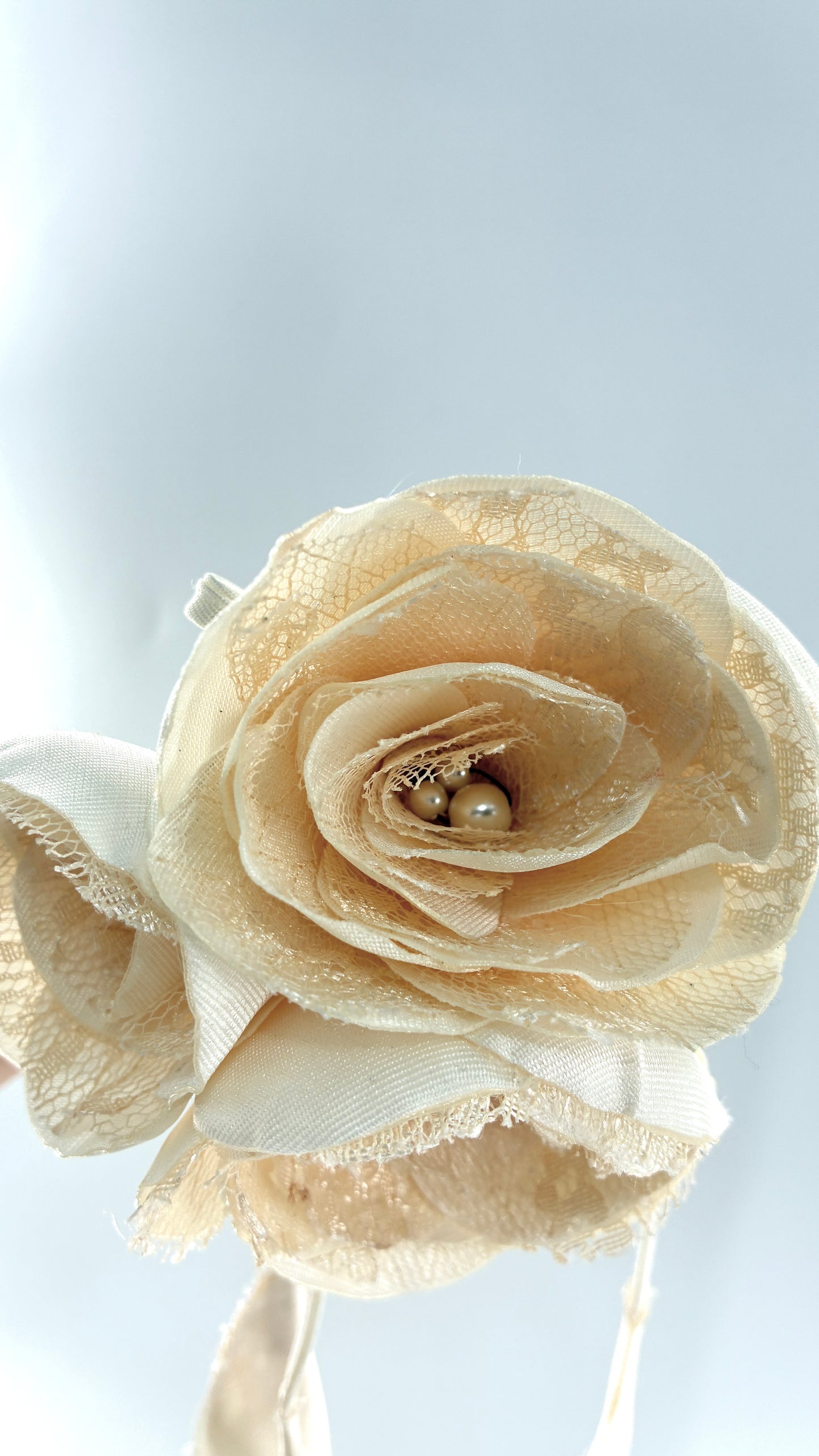 Vintage Brooch Pin: Oversized Rosette Cluster of Handmade Off White Satin and Lace Flowers with Pearl Center
