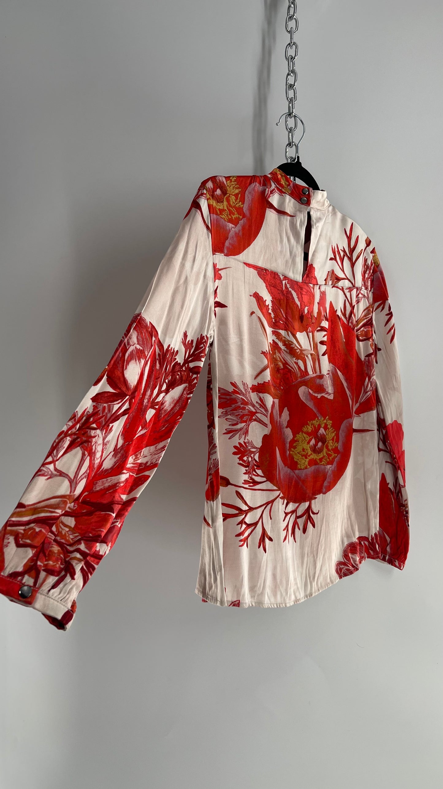 KAREN BY SIMONSEN Silky Champagne and Red Floral Patterned Balloon Sleeve Blouse (34)