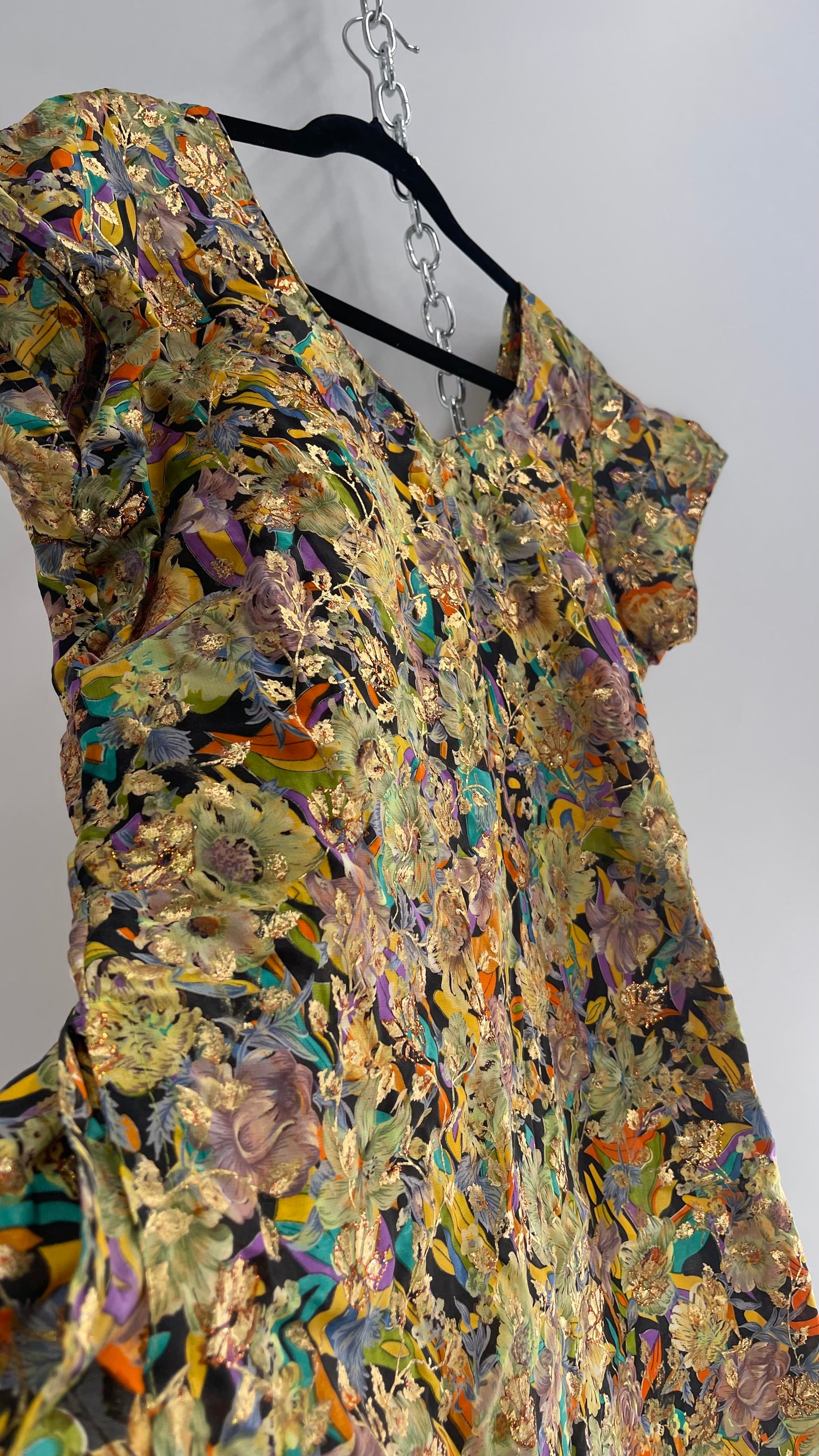 Vintage Imported Contrasting Floral Side Slit Tunic Silk with Hand Painted Glitter Details (Medium)