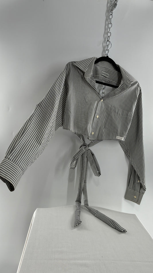 Vintage DAVID TAYLOR Reworked Button Front Backless Grey Striped Blouse (One Size)