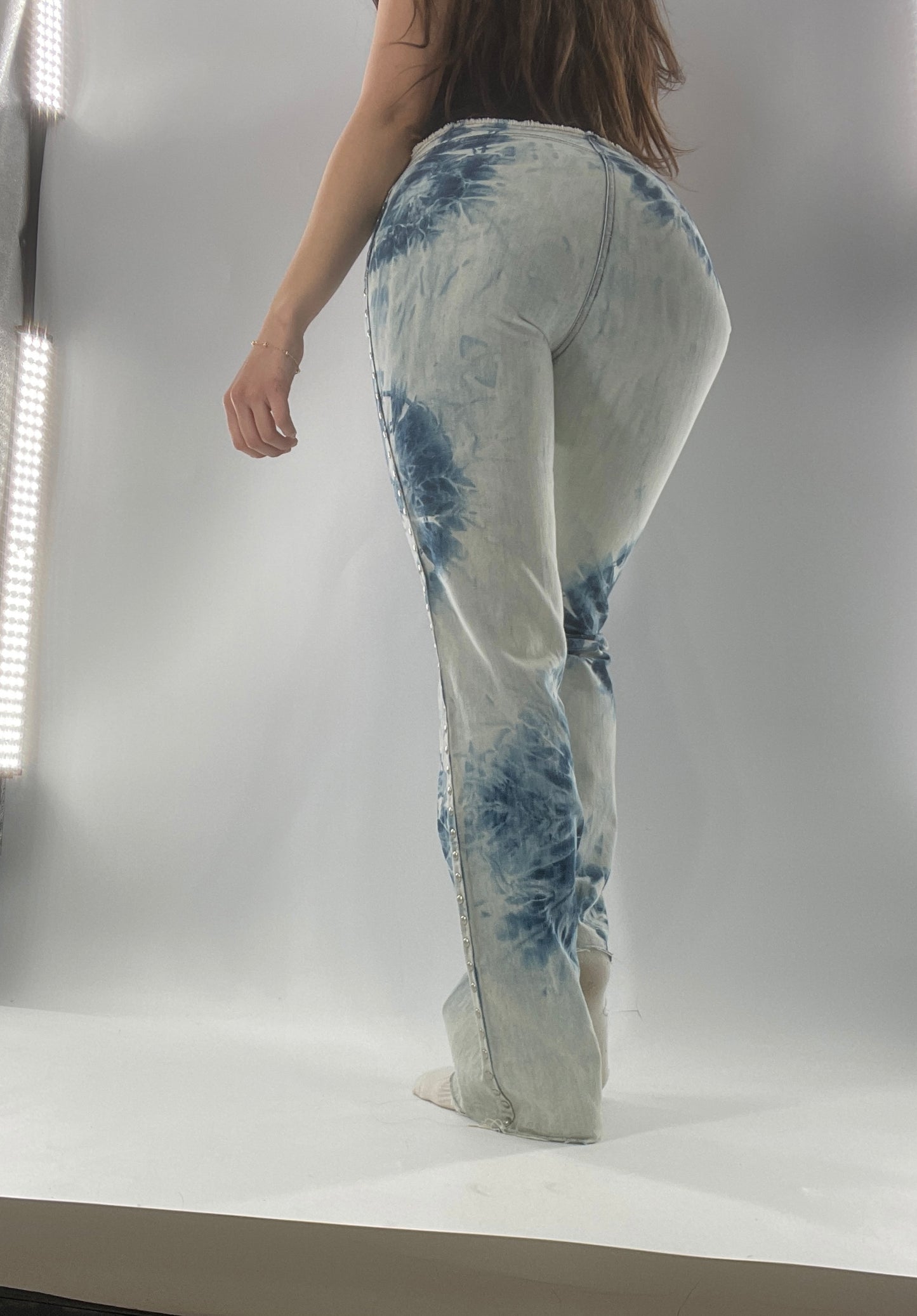 Vintage 1990s DKNY Light Bleached Jeans with Tie Dye Denim Pattern, Raw Edge Low Rise, and Studded Sides (5)