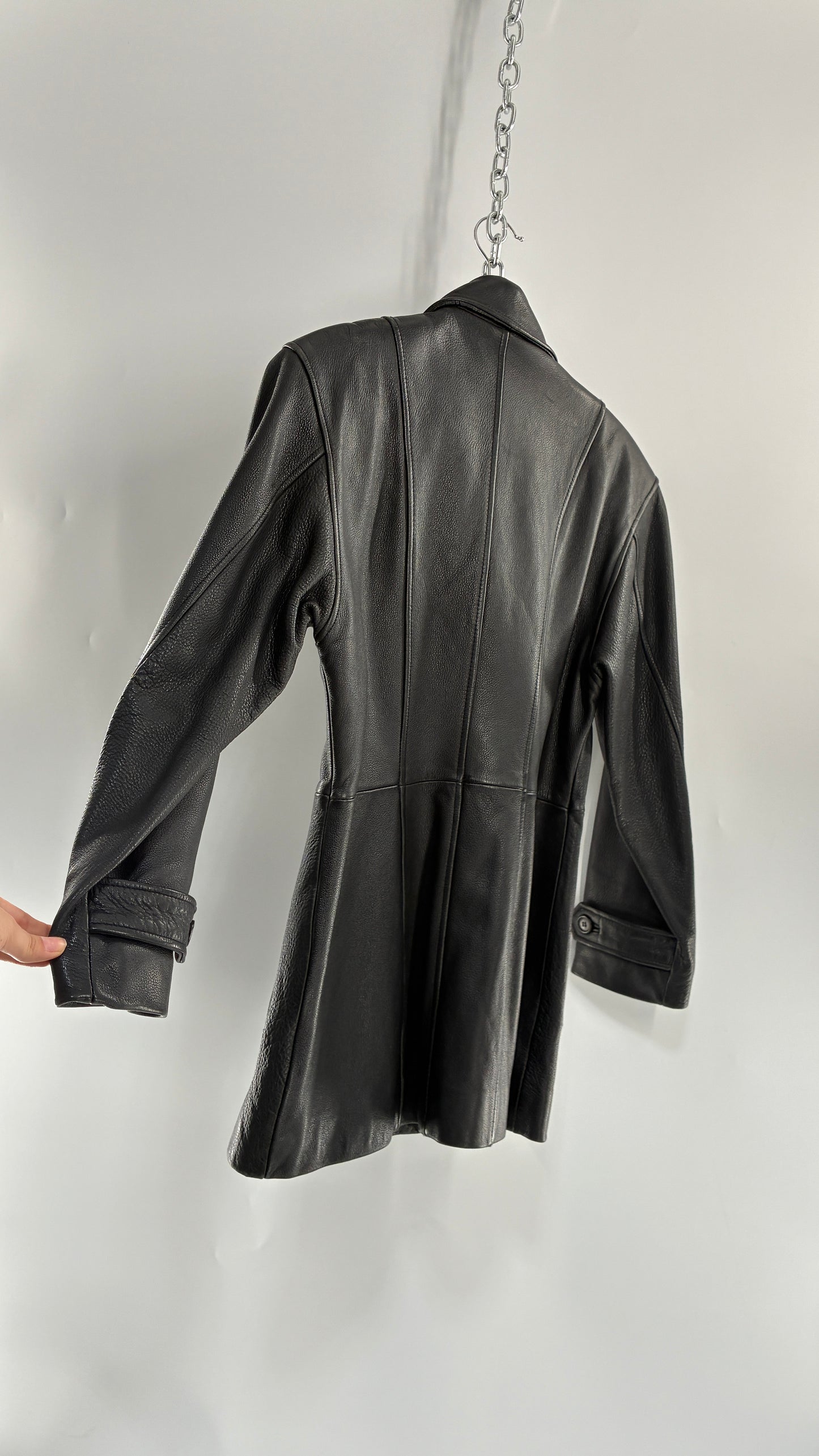 Vintage LUIS ALVEAR Thick Genuine Leather Black Trench Style Jacket (XS)