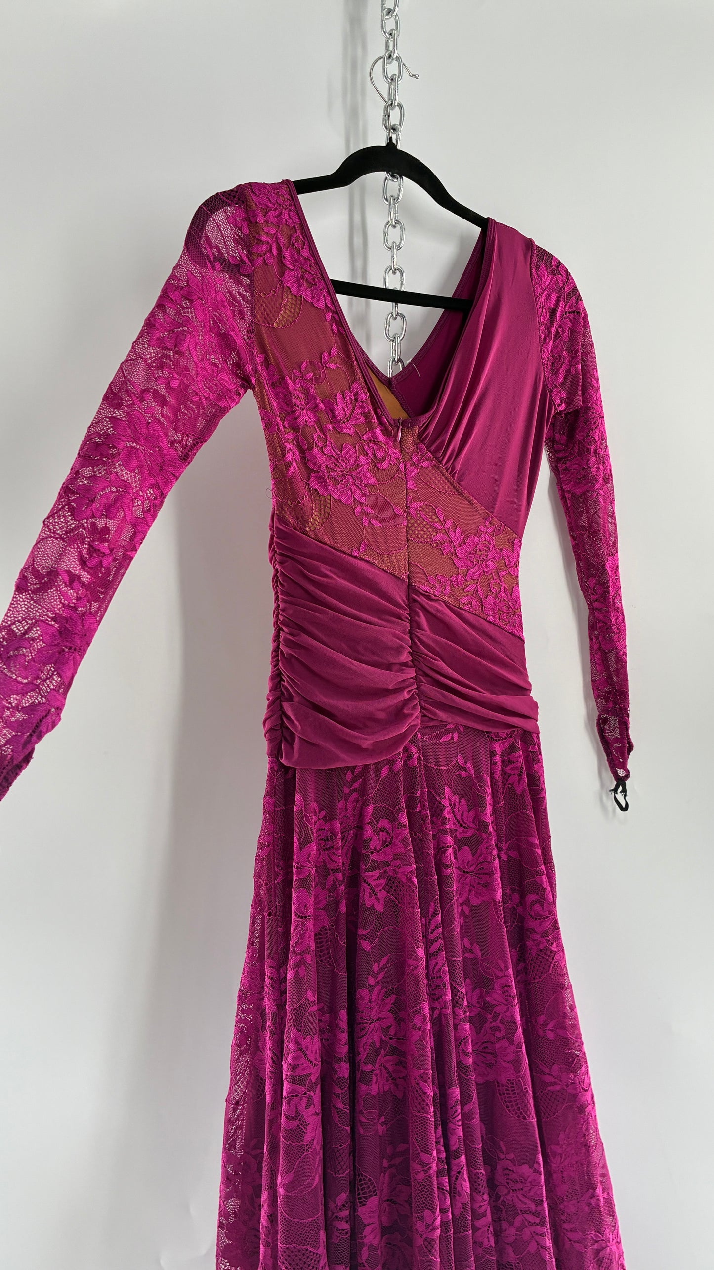 Vintage Fuchsia Flamenco, Lace and Mesh Paneled Gown with Gloved Hand Detail (Small)