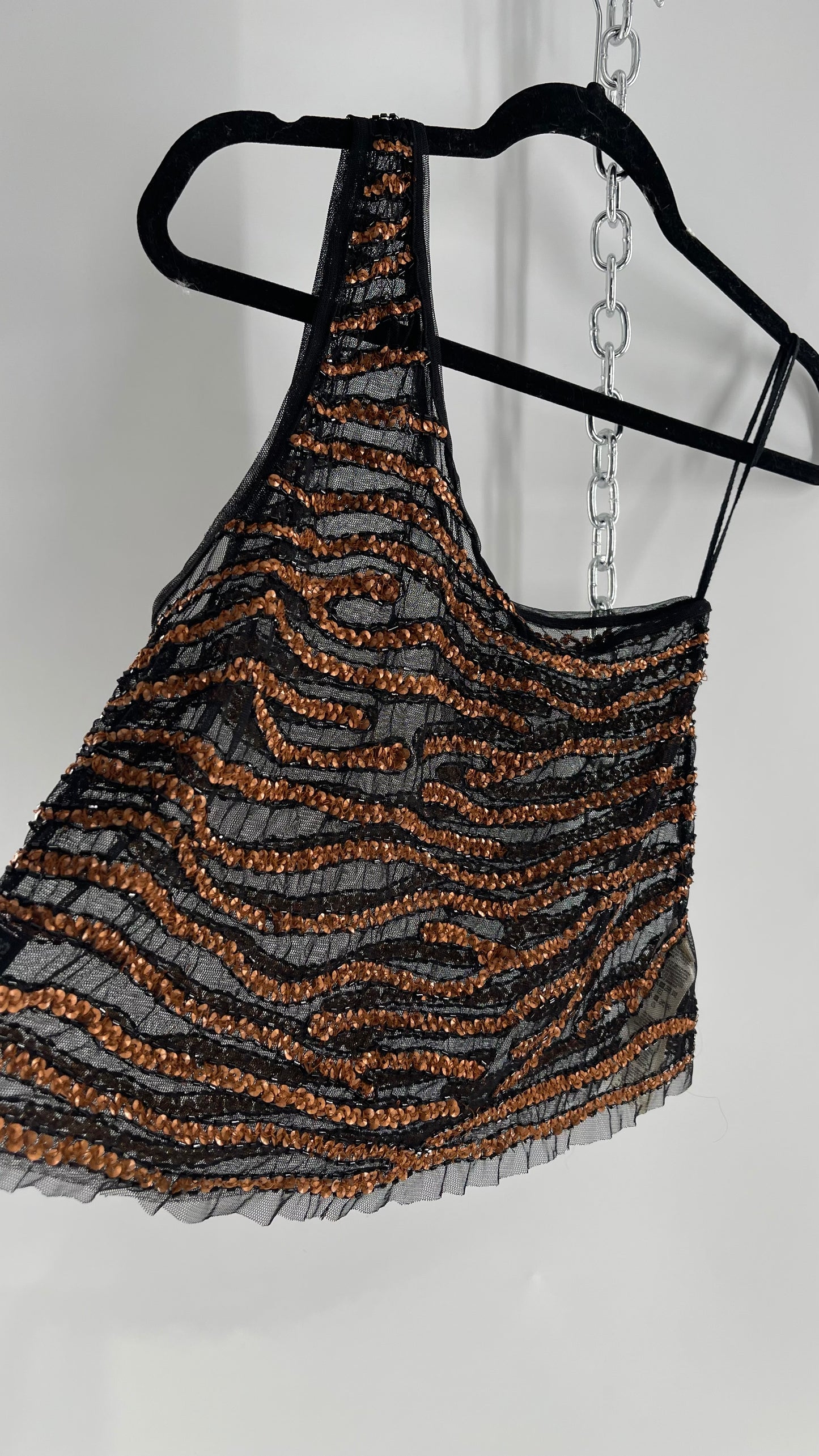 Free People Black Mesh One Shoulder Blouse with Copper Zebra Patterned Sequins (XS)