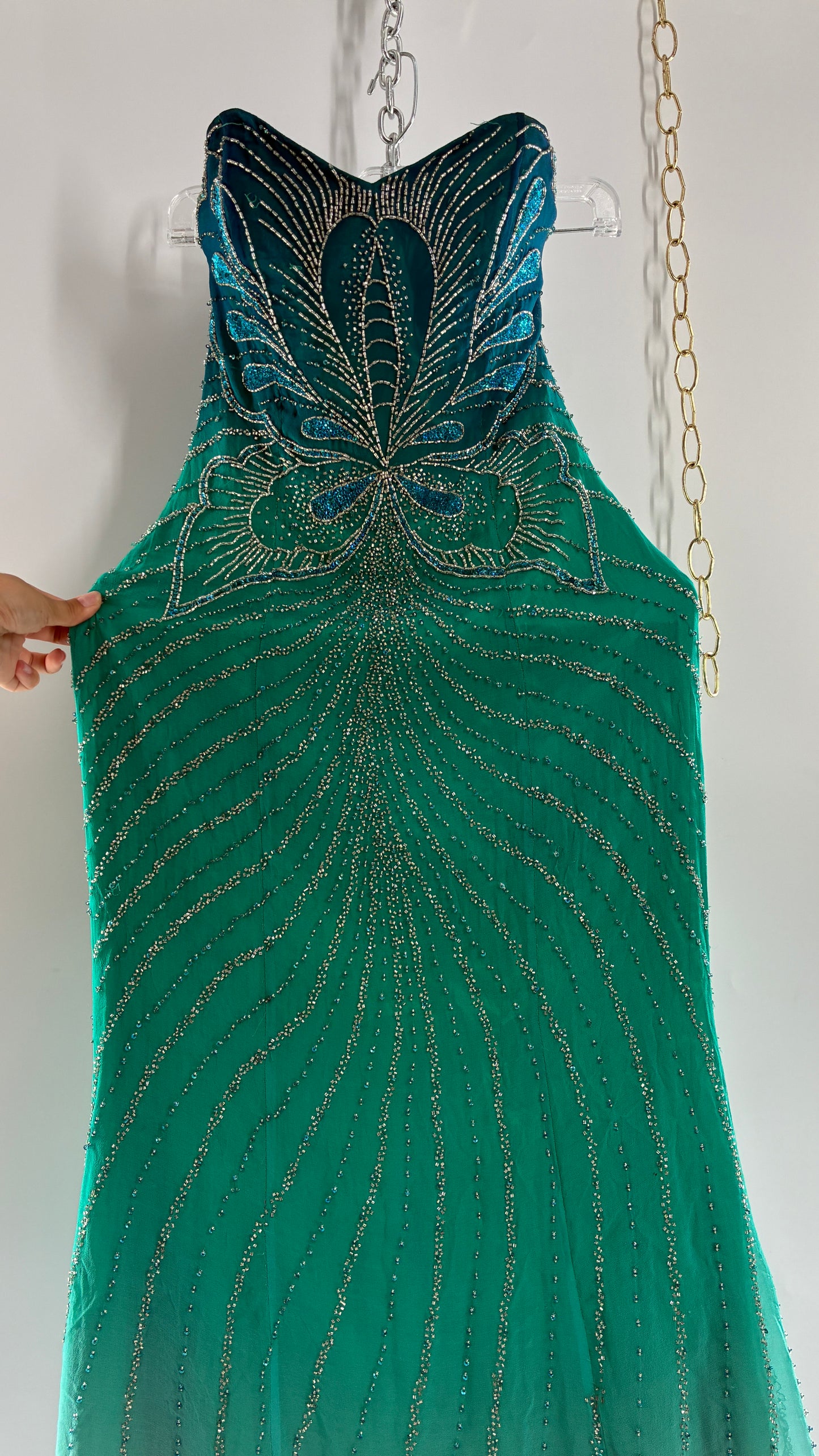 Vintage 1990s STUDIO17 100% Fully Beaded Silk Aquamarine Butterfly Dress (8)