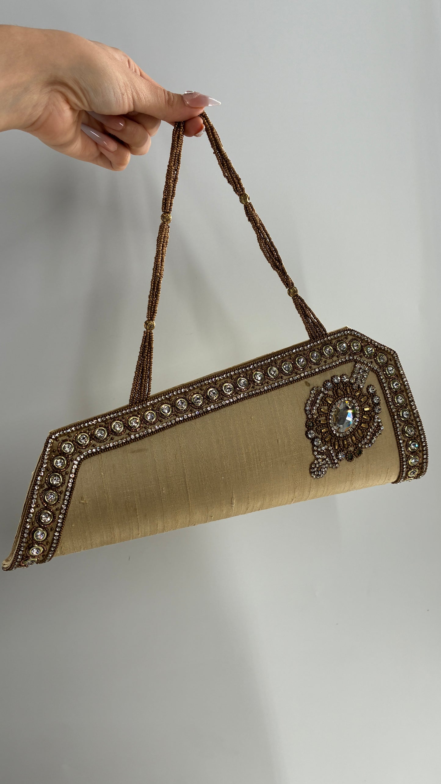 Vintage 1990s Asymmetric Gold Purse with Beading and Rhinestone Detailing