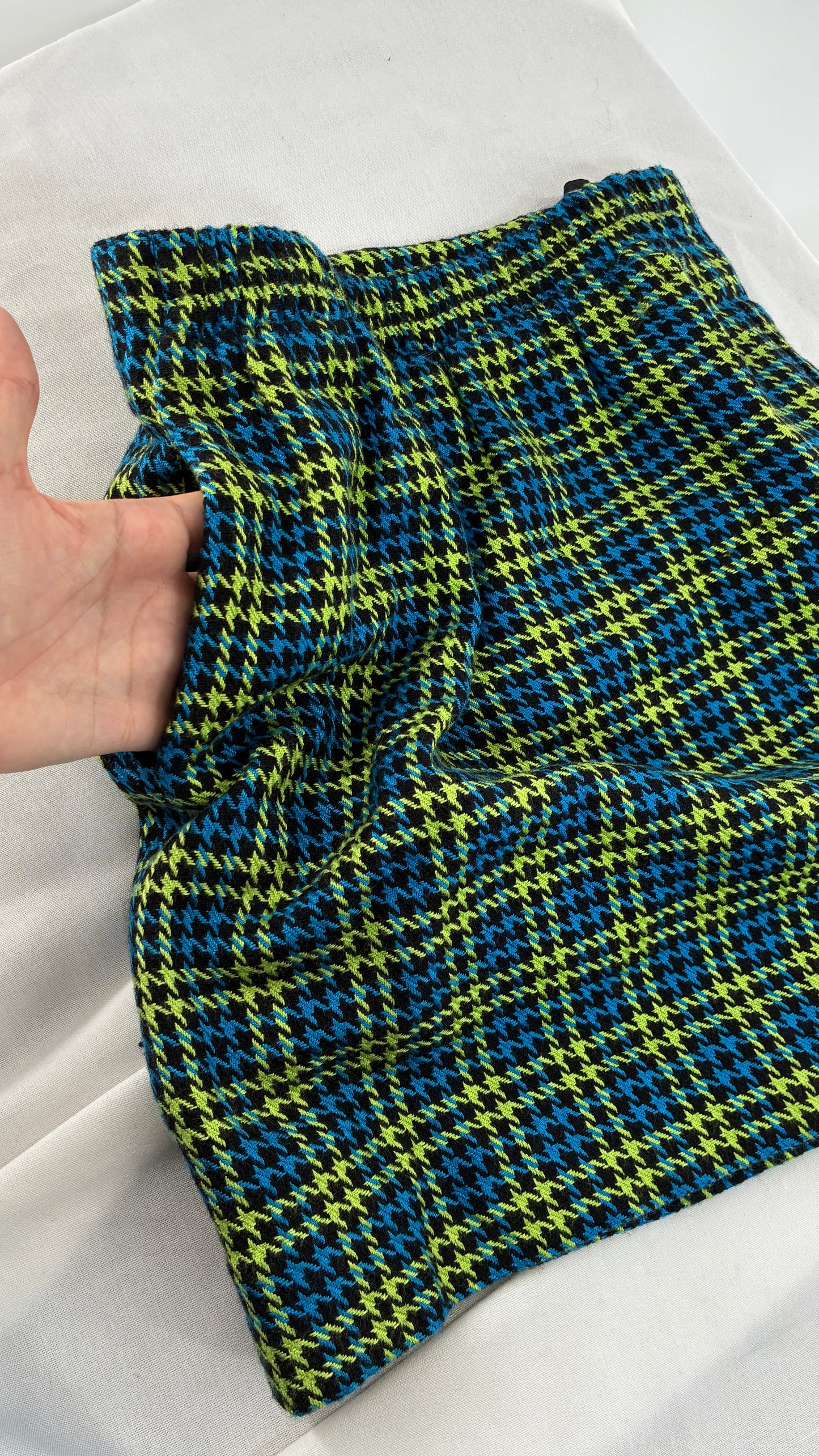 Vintage HONG KONG Wool Blend Neon Green and Blue Plaid Jacket and Micro Mini Set (Small)