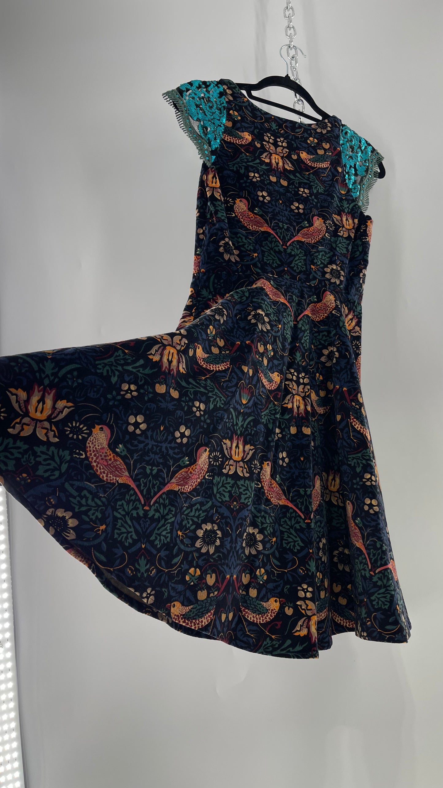 Anthropologie Eva Franco Corduroy Floral Bird Tapestry Print Dress with Sequin Cap Sleeves (4)
