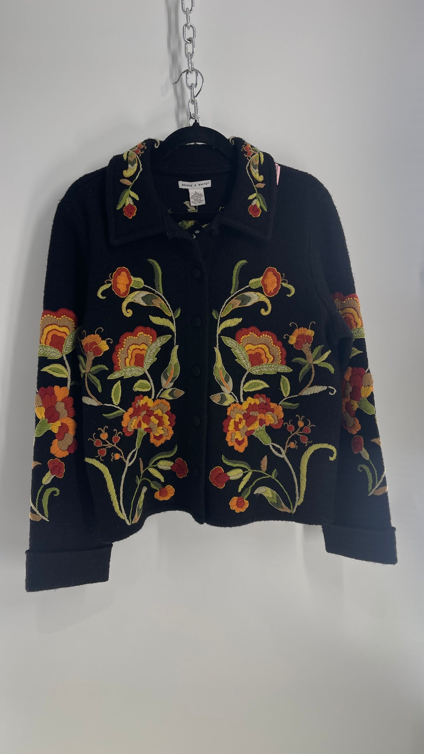 Deane & White Black 100% Wool Orange and Yellow Embroidered Flower Cardigan Jacket (Large)