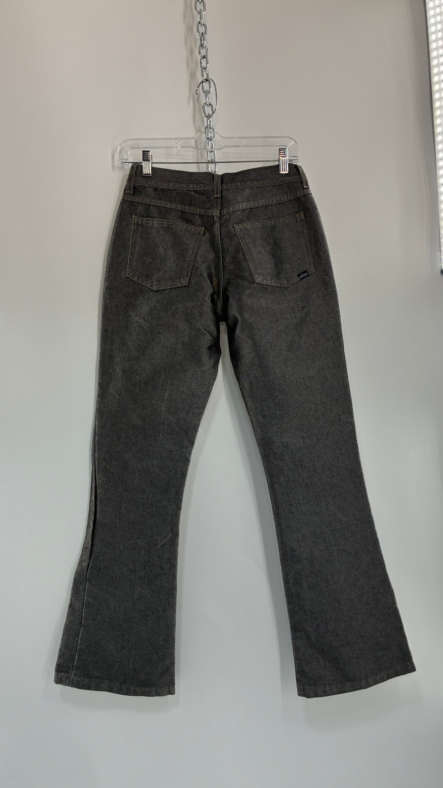 Vintage BLUE ASPHALT Metallic Silver Grey Denim Low Rise Kick Flares (5)