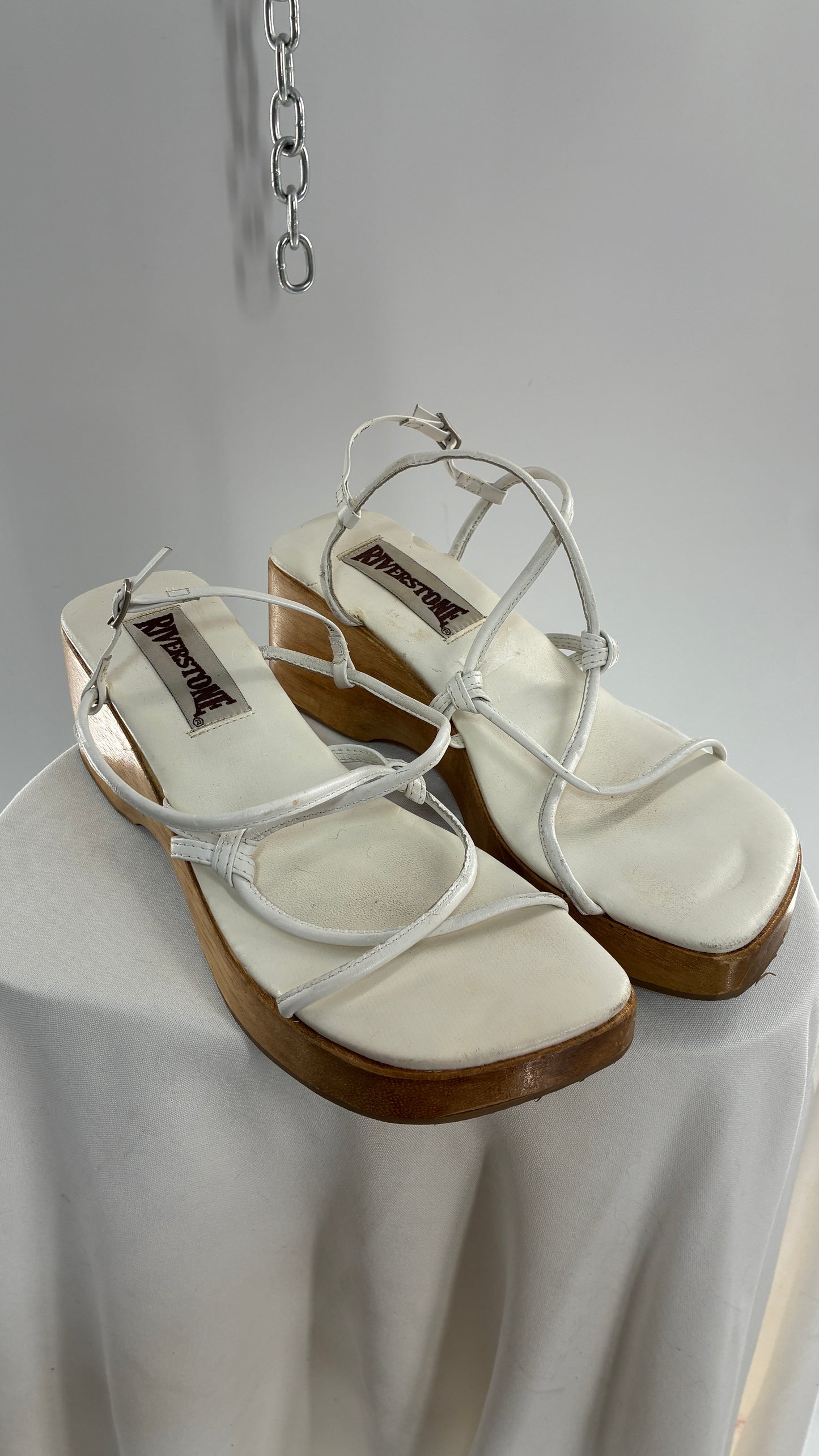 Vintage 1990s RIVERSTONE Wooden Platform Square Toe, Strappy Sandal Made in Brazil (8)