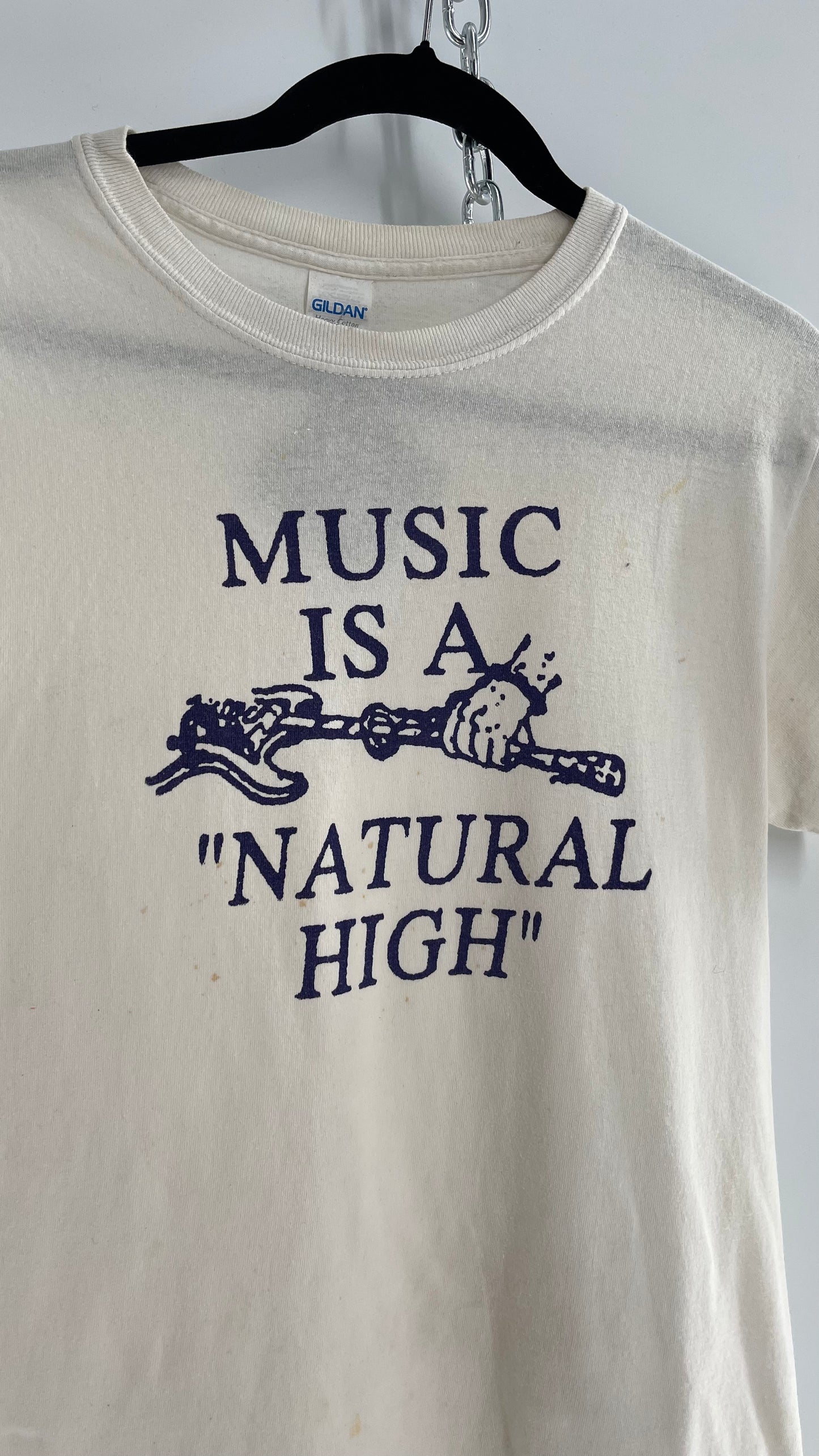 Vintage 1980s White T with Purple Music is a Natural High Font (Small)