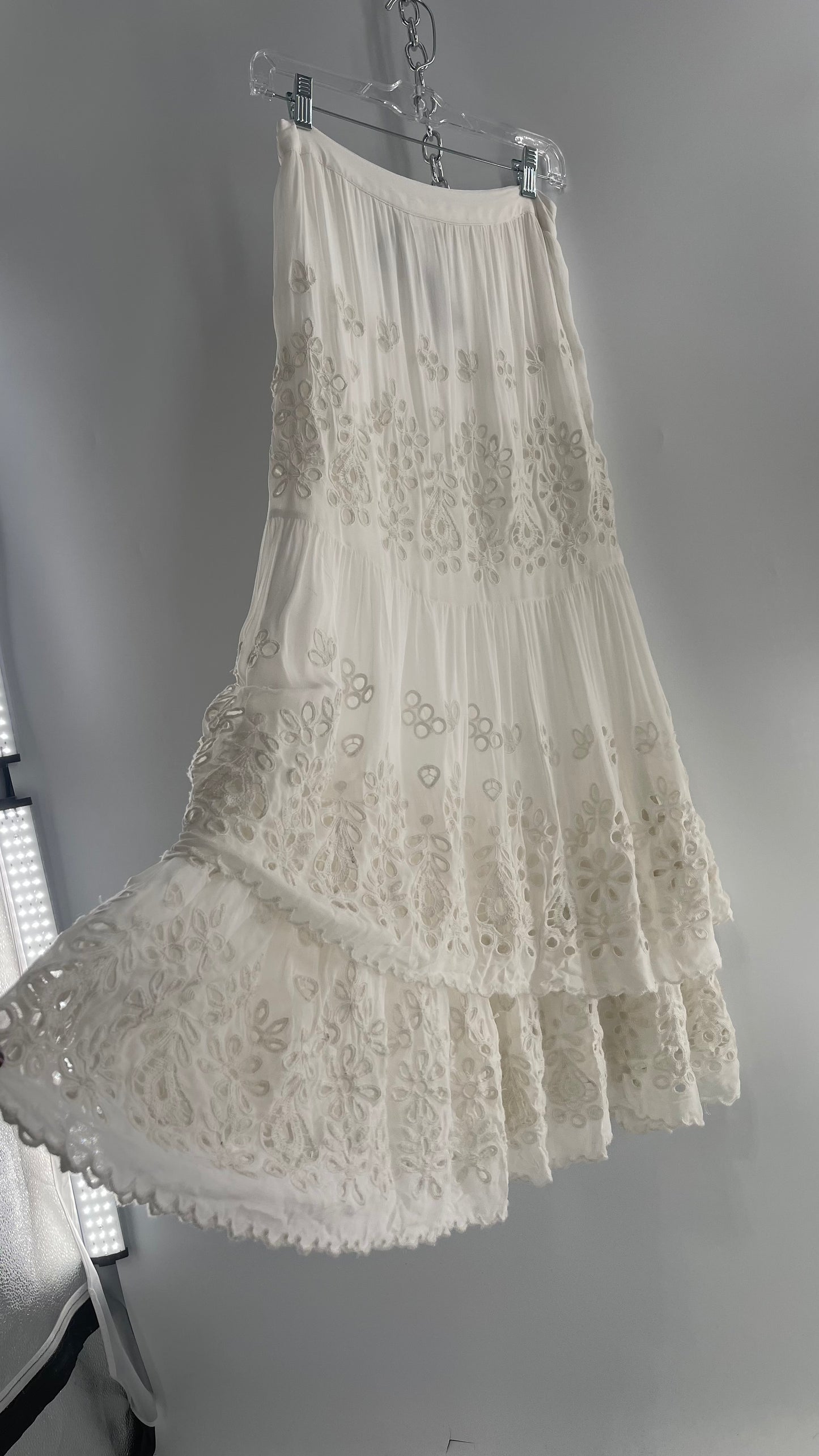 Free People White Embroidered Eyelet/Lace Voluminous Tiered Ruffle Full Length Skirt (4)