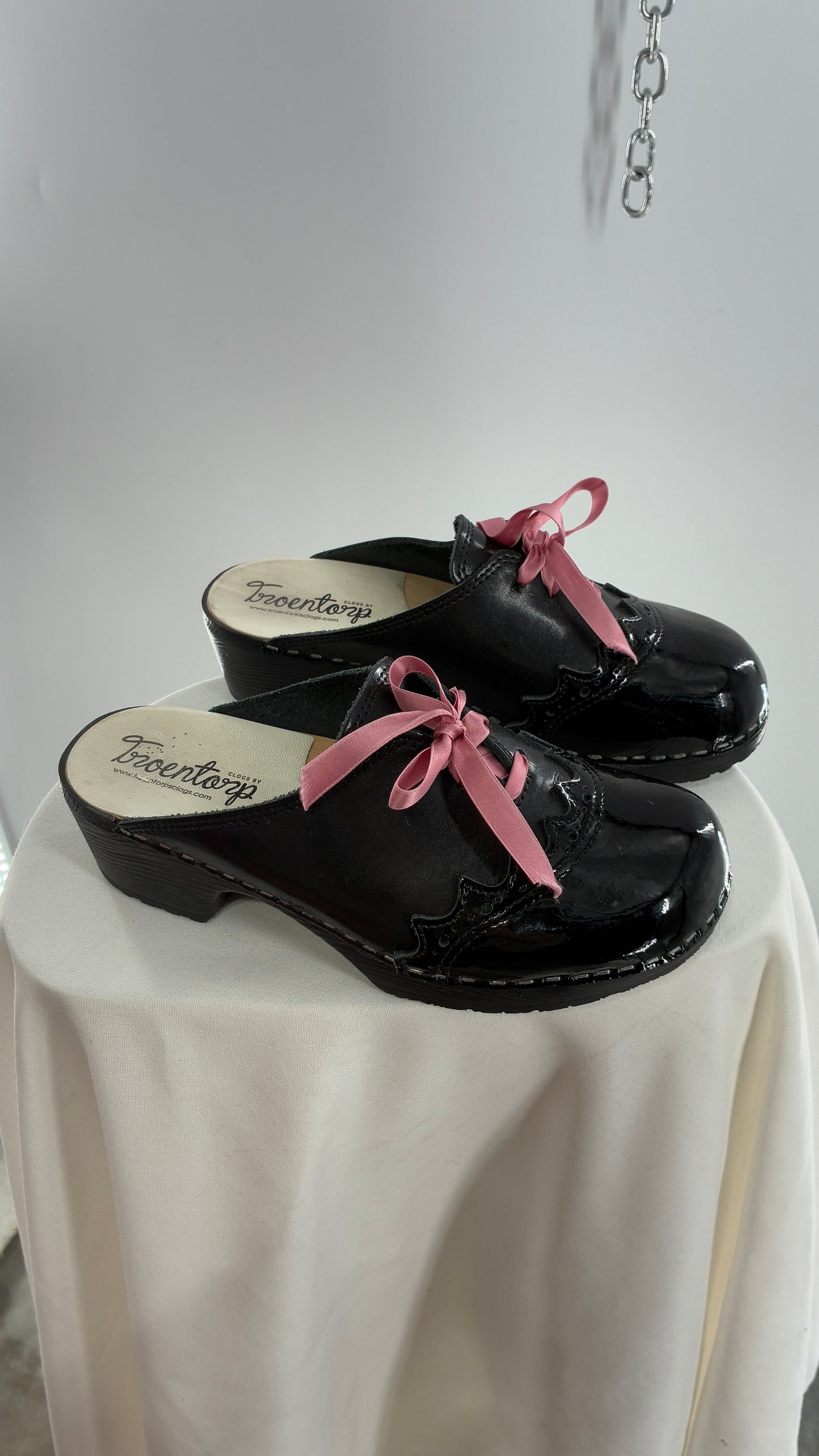 Vintage 1970s TROENTORPS Black Patent Leather Clogs with Ribbon Tie Detail (38)
