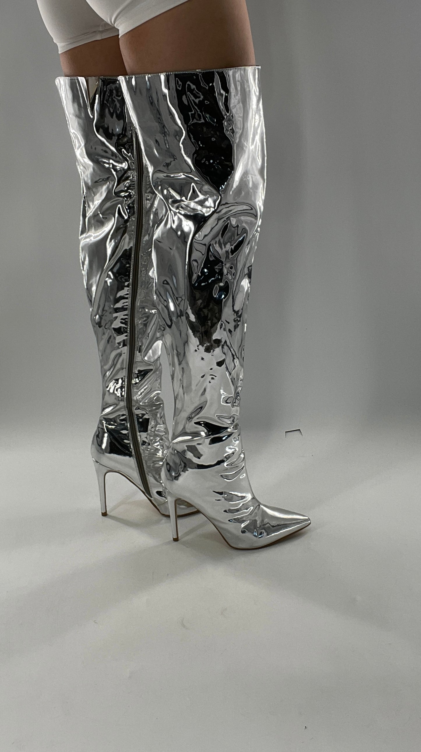 Vintage Chrome Platinum Mirrored Thigh High Molten Metal Sky High Boots Space Cadet/Concert (7)