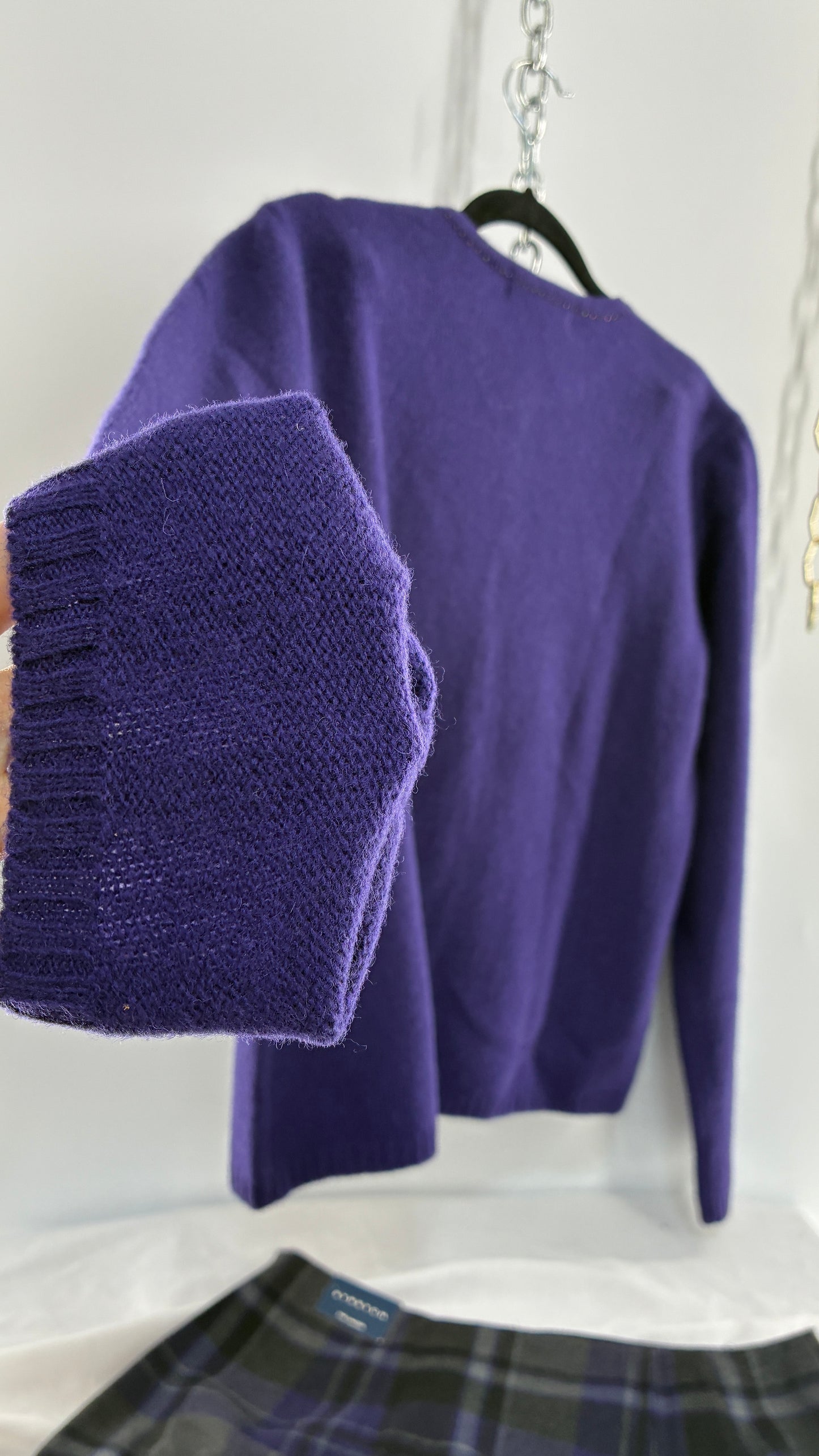 Deadstock Vintage THE LIMITED Japanese 100% Lambswool Purple Cardigan and Plaid Mini Skirt Set (L,10)