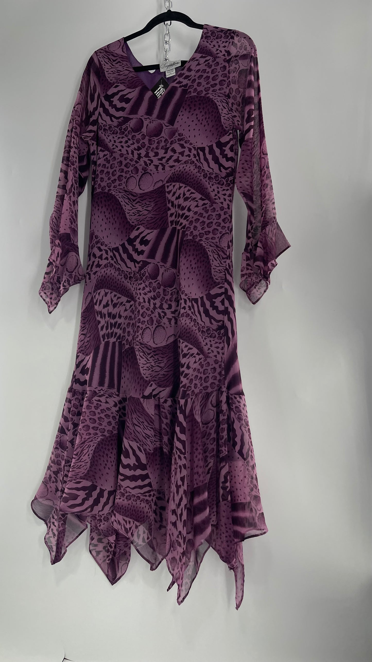 Vintage Signature JMB Suga Plum Fairy, Purple Maxi with Animal Print, Handkerchief Hem and Sleeves (XL)