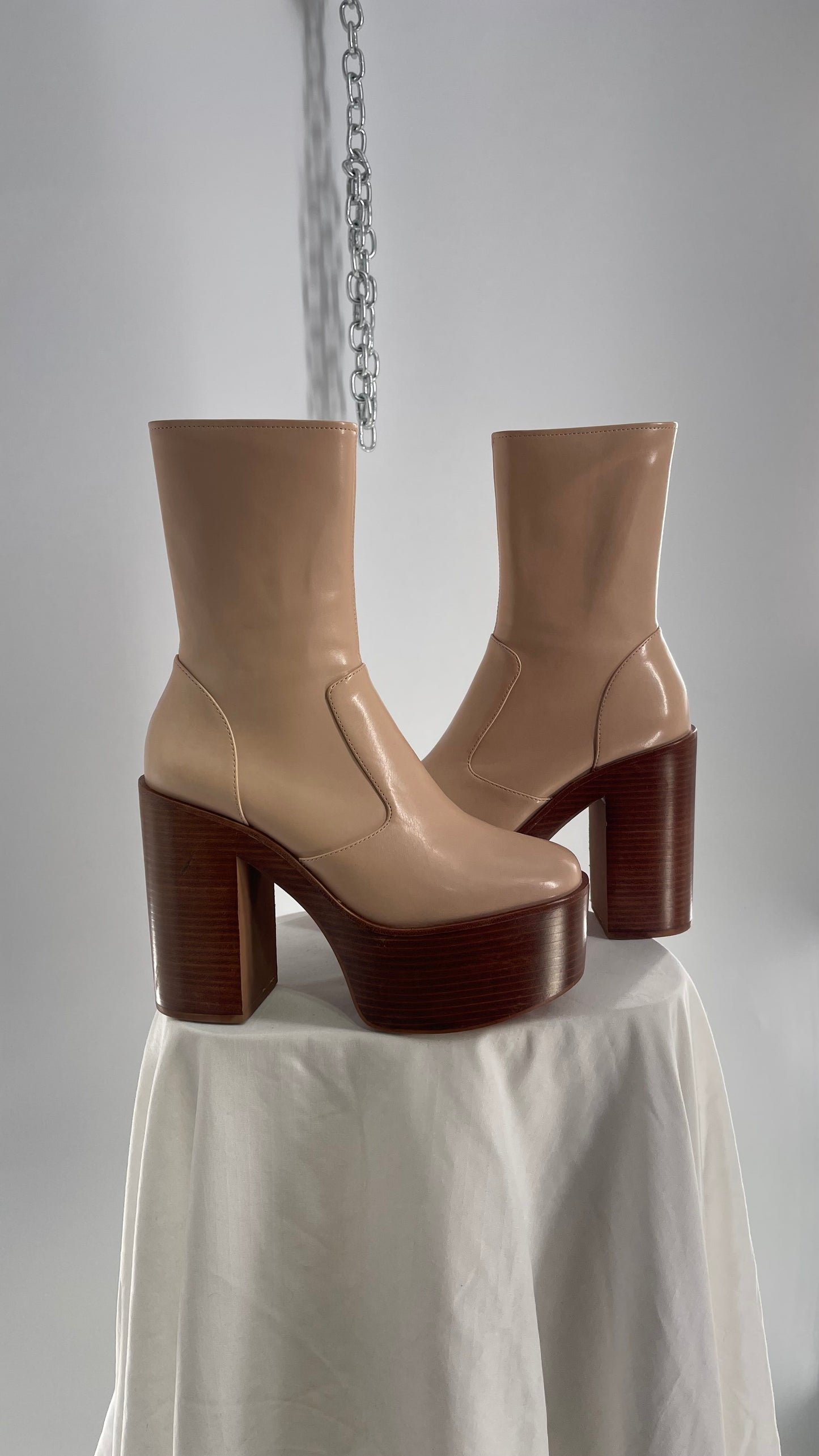 Free People X Jeffrey Campbell Mexique GoGo Boots • Beige Patent Boot with Wood Grain Chunky Block Heel and Platform  (8)