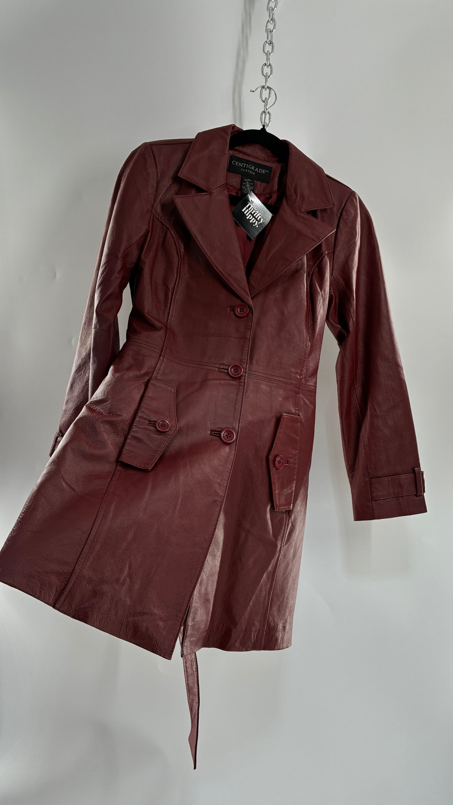 Vintage 1990s CENTIGRADE Red Crimson Genuine Leather Trench Coat (Small)