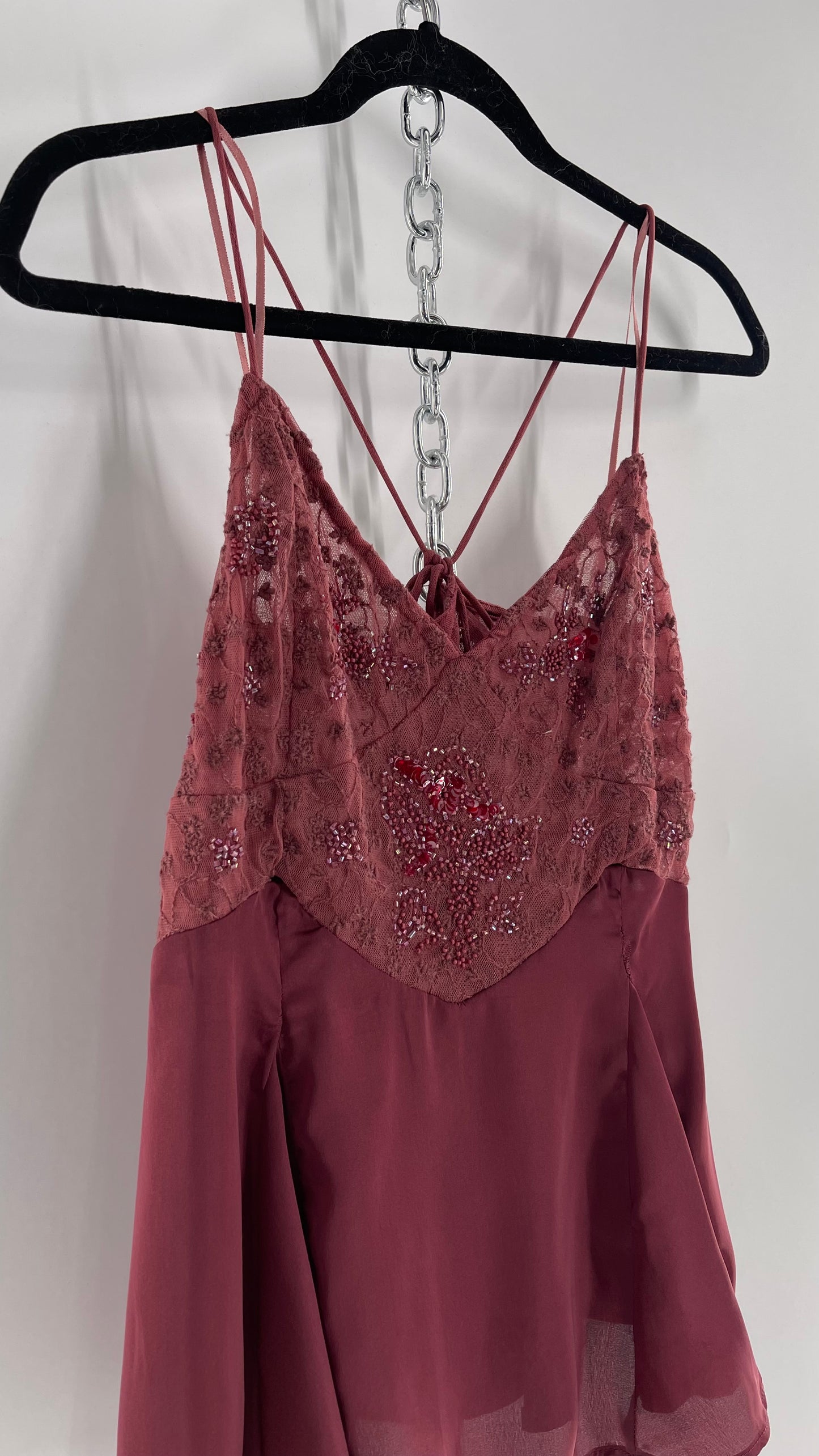 Free People Purple Beaded Bust, Lacy, Silky Fairy Tank with Extra Bead Pouch(Small)