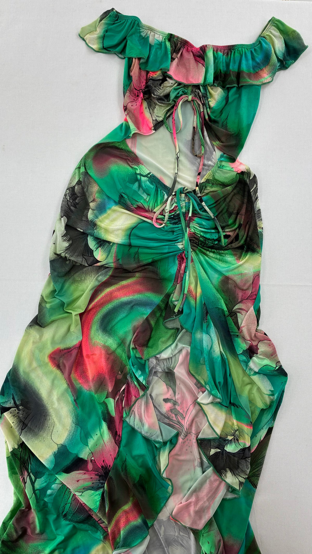 FASHION NOVA Graphic Green Cut Out, Side Slit Gown with Adjustable Waist and Bust Exposure (S/M)