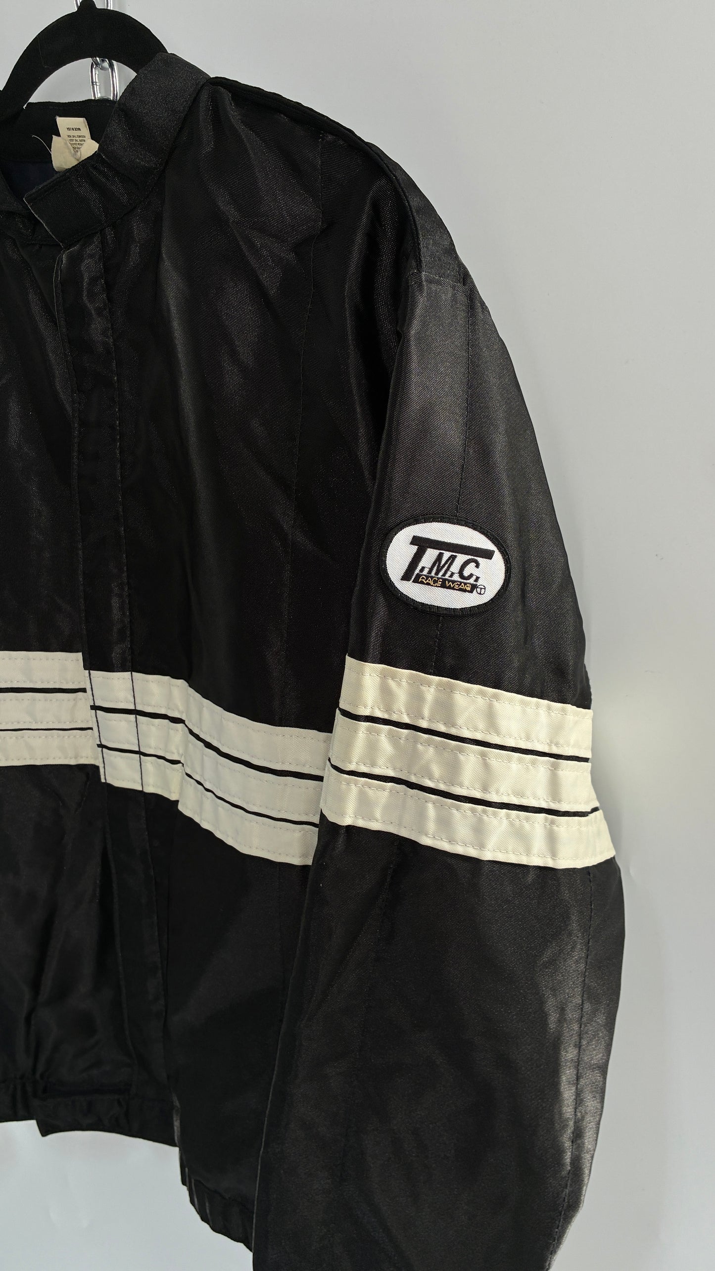 Vintage TMC RACING Black Jacket with White Striped Detailing (Large)