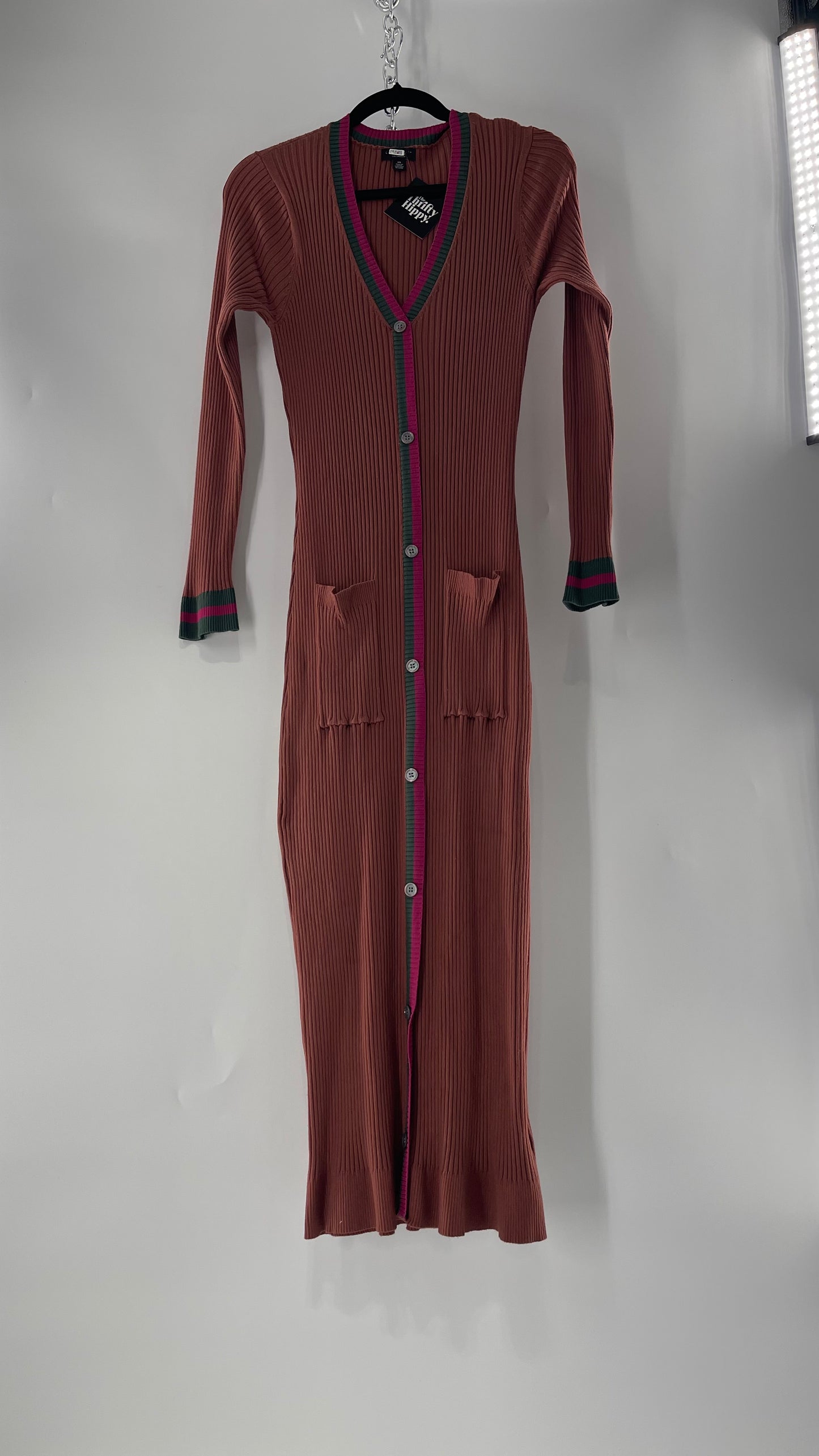 Current Air Los Angeles Brown Ribbed Knit Long Sleeve Button Front Dress with Fuchsia and Forest Green Striping (XS)