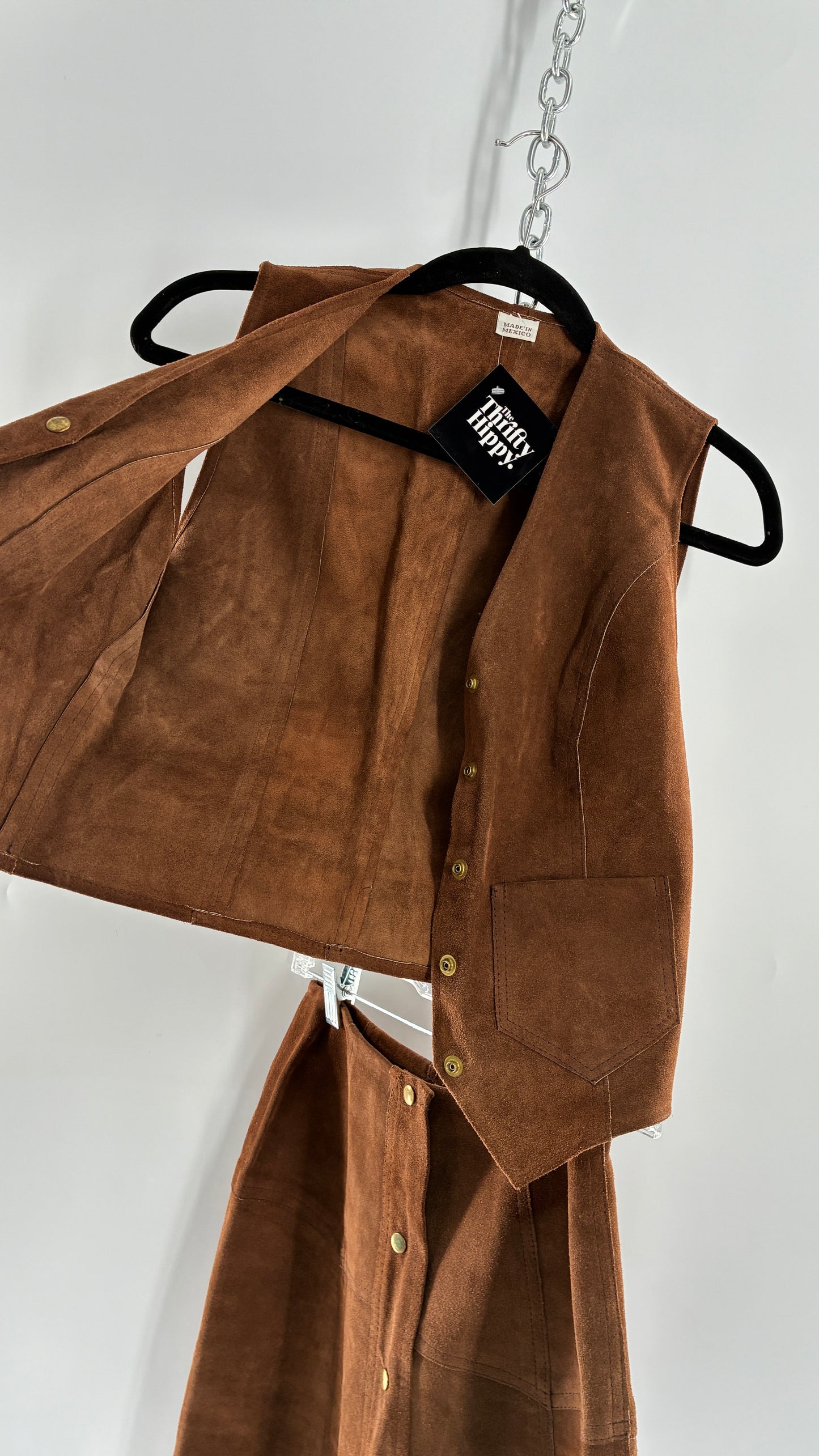 Vintage 1970s Genuine Suede Brown Leather Button Front Skirt and Vest Made in Mexico (XS/S)