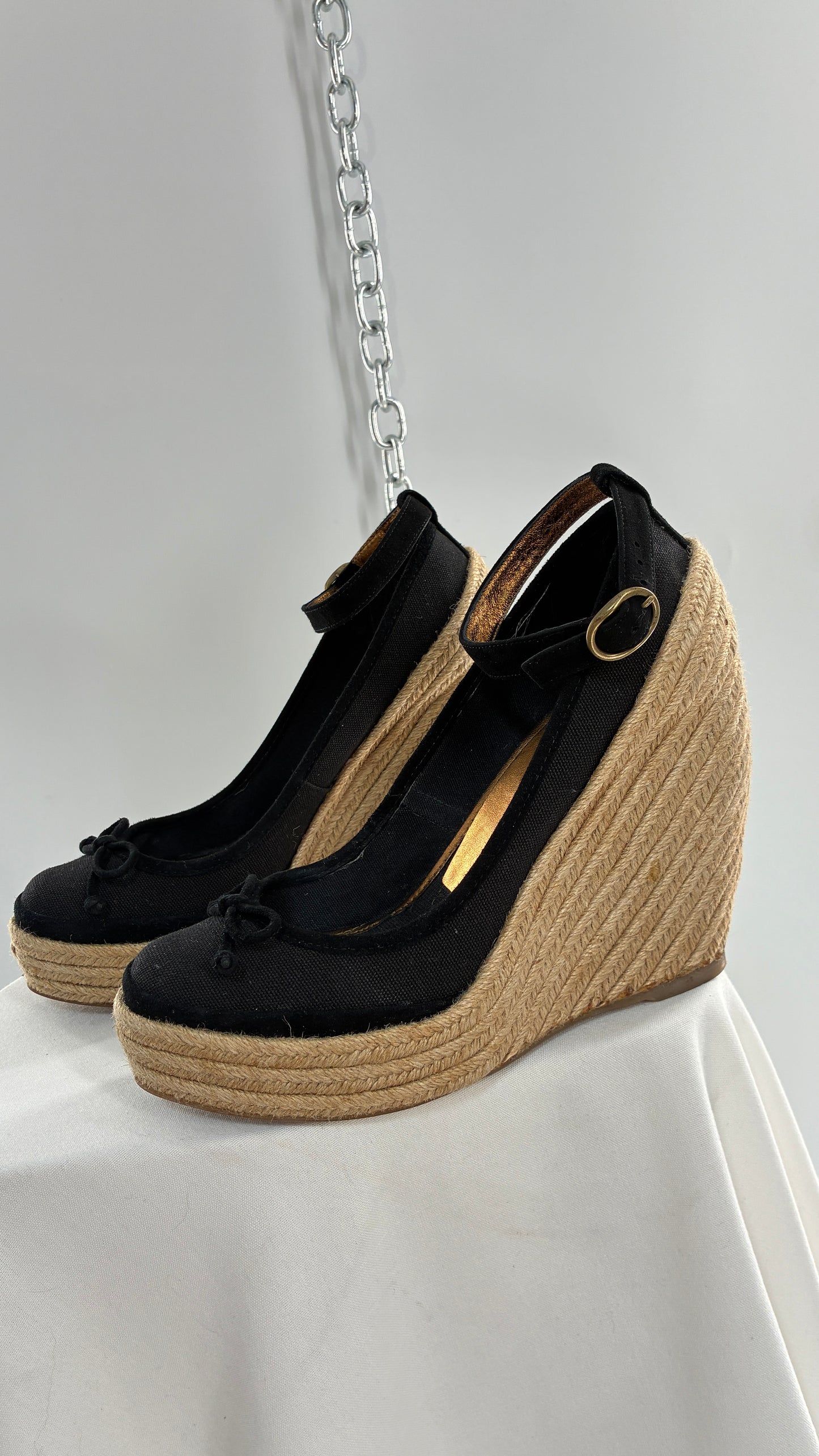 Vintage BCBG MAXAZRIA Black Ballet Wicker Wedge Heels Made in Spain (7)