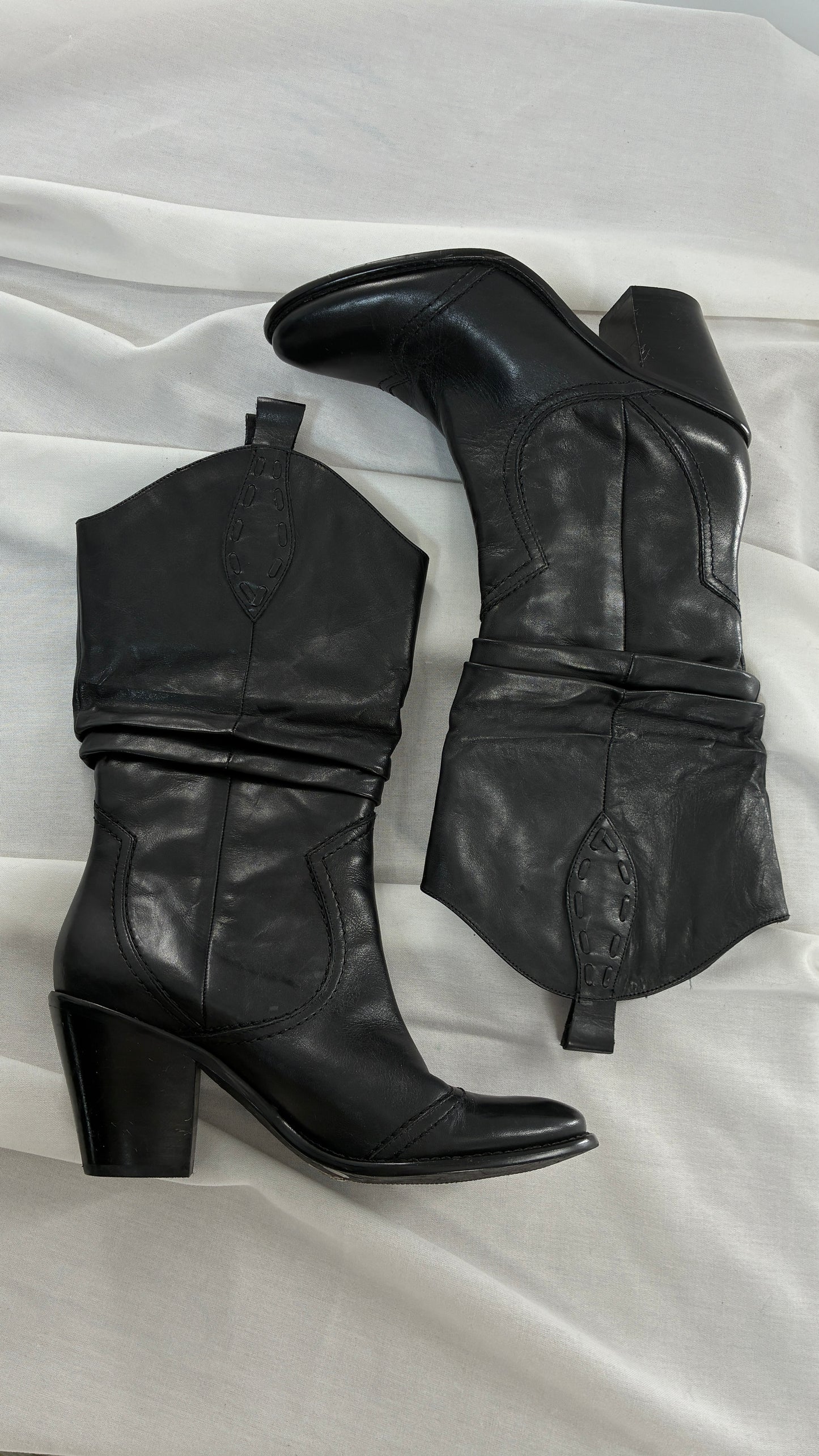 Vintage BCBG Black Genuine Leather Stacked Cowboy Boot (7.5)