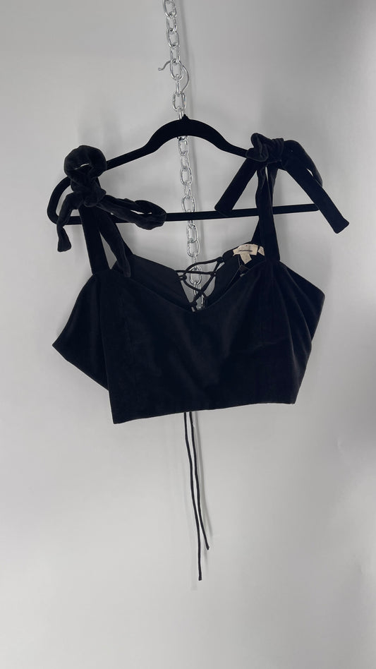 Letmebe Anthropologie  Black Velvet Cropped Tank with Delicate, Romantic Tie Shoulders and Lace Up Back (XL)