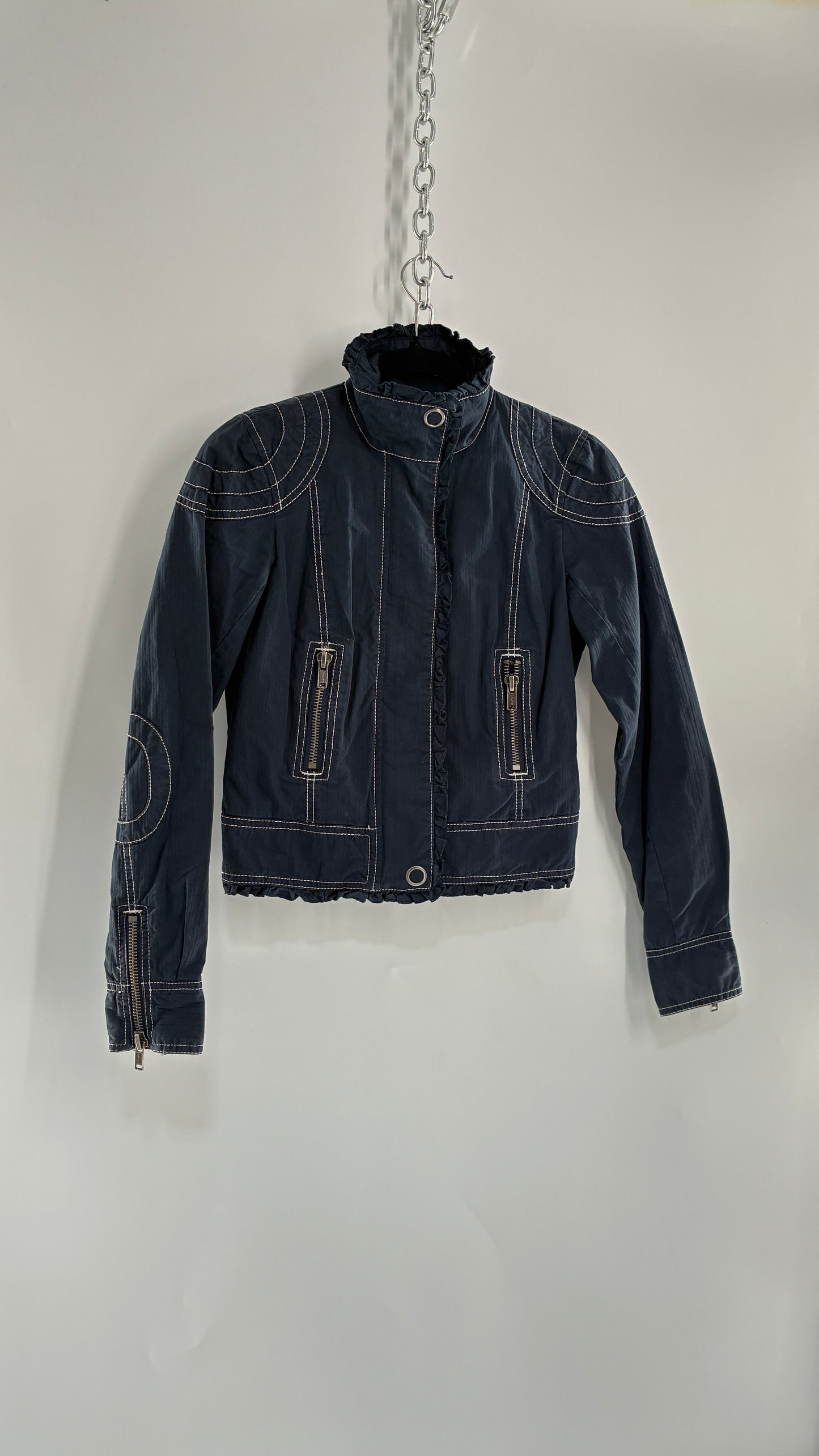 Vintage BCBGirls Navy Blue Canvas Jacket with White Stitching (2)