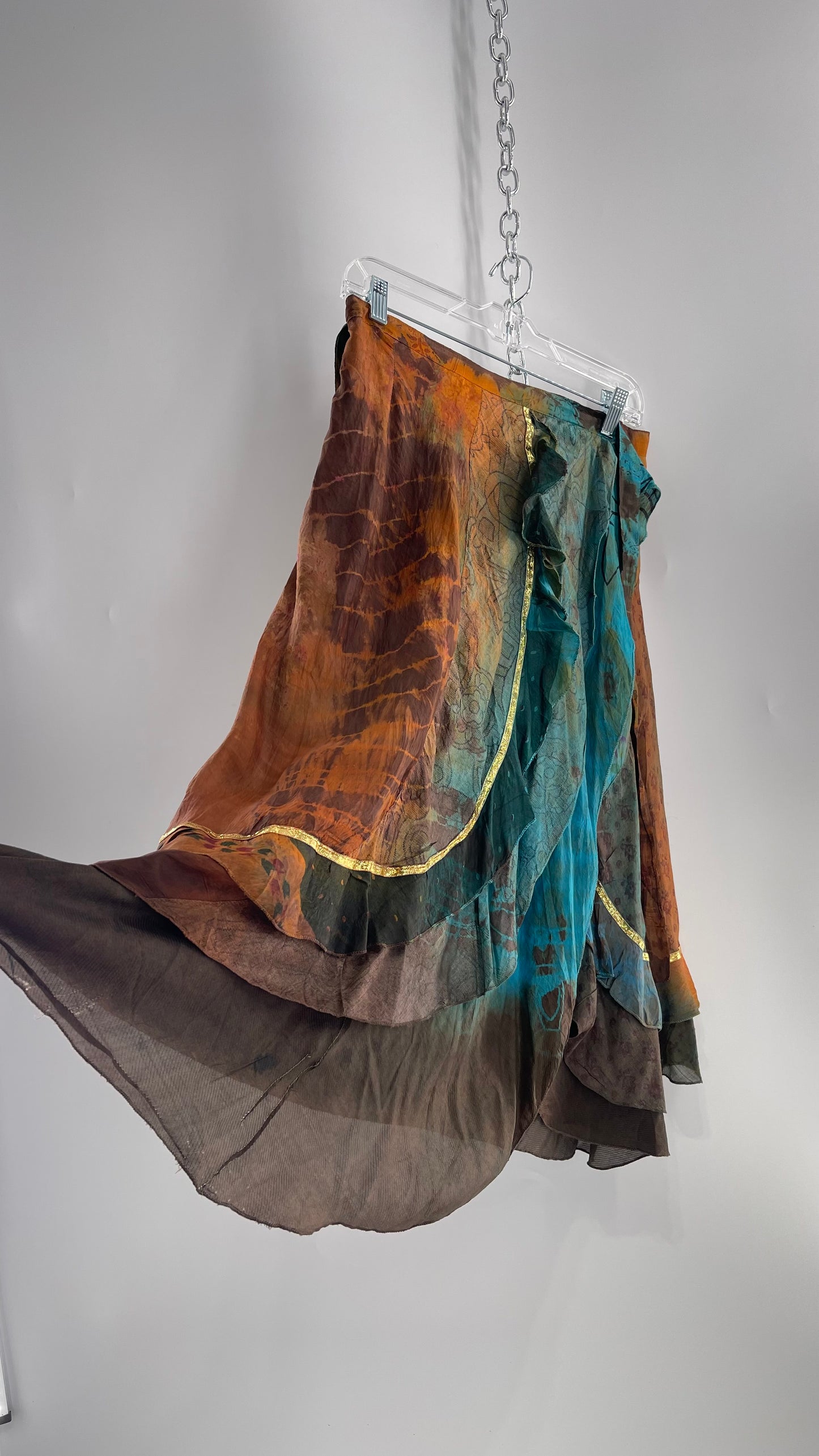 CHIC THING 100% Silk Blue/Brown Tie Dye Tie Around Skirt (S)