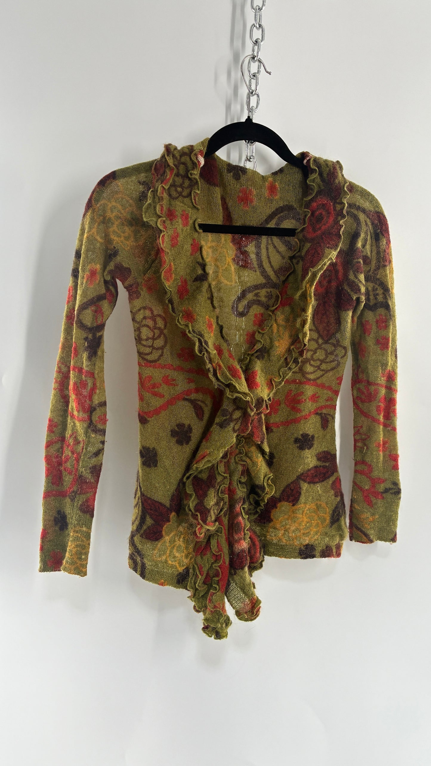 Vintage Green Paisley Mohair/Merino Wool Blend Long Sleeve with Bust Clasp and Ruffled Design (Medium)