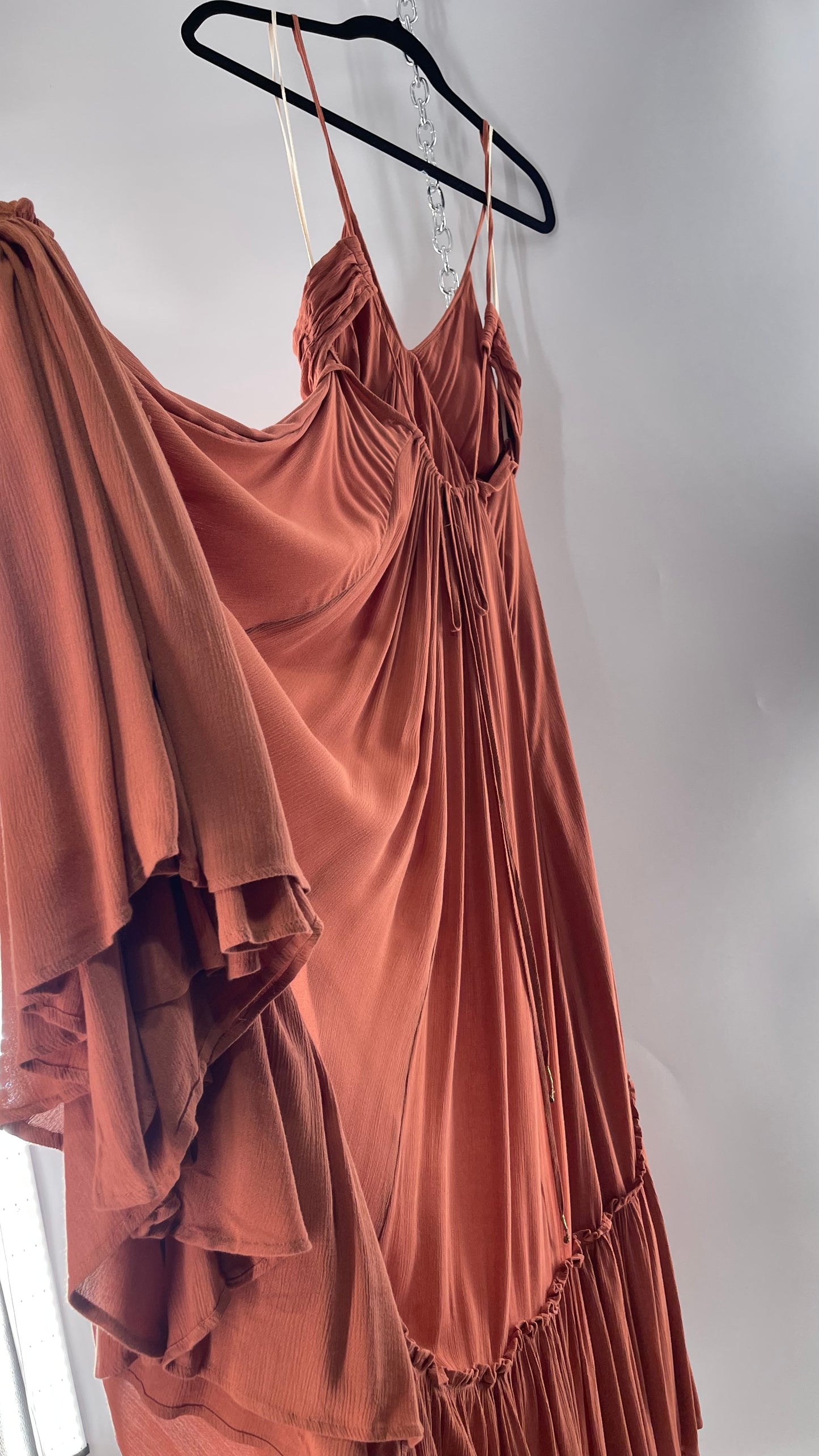 Free People Terracotta/Apricot Toned Voluminous Gown with Open Cut Out Sides and Low, Open Back (Large)