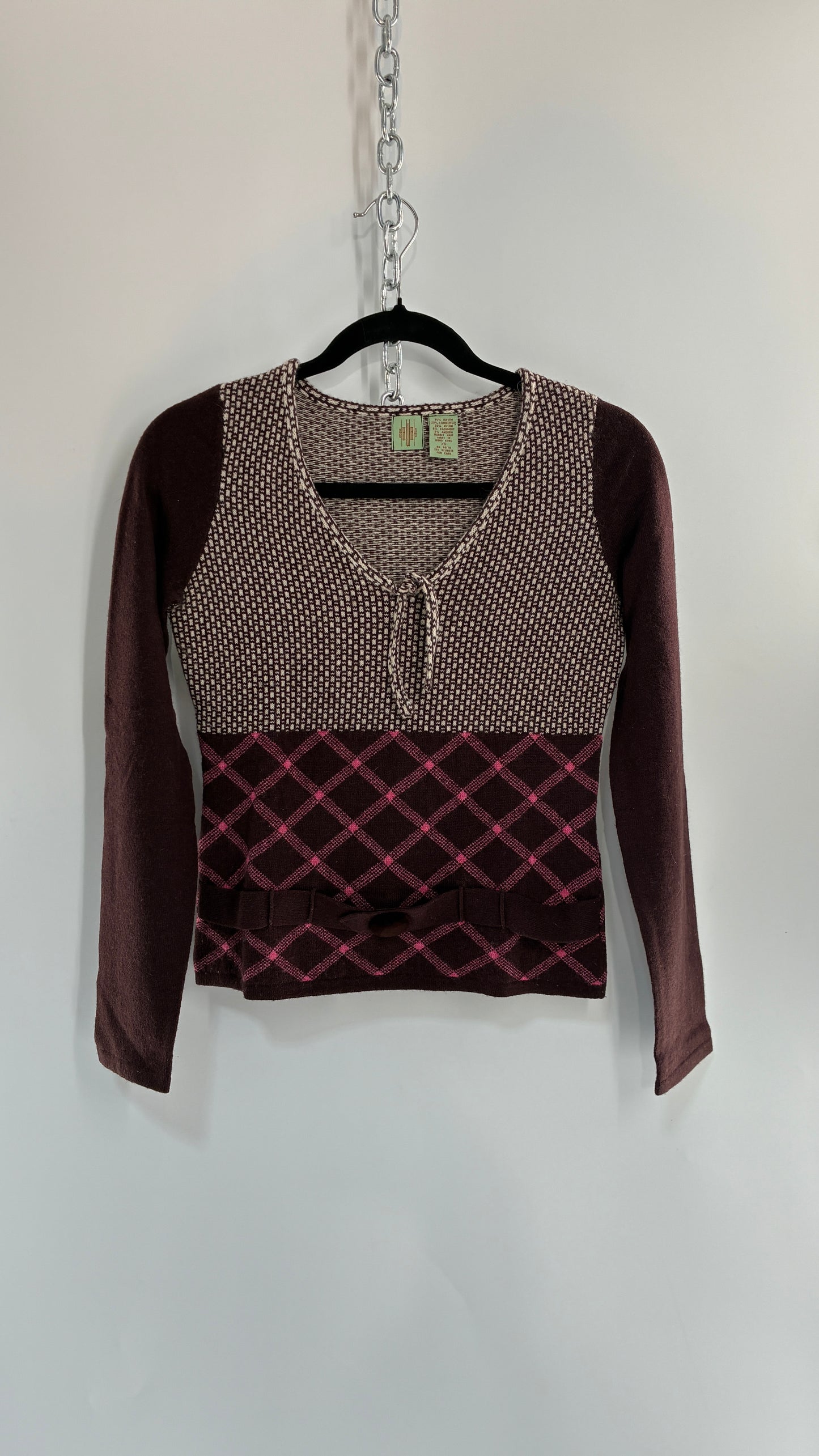 Vintage ANTHROPOLOGIE Lambswool, Rabbit and Cashmere Blend Brown Knit Long Sleeve with Belted, Buttoned Detail (XS)