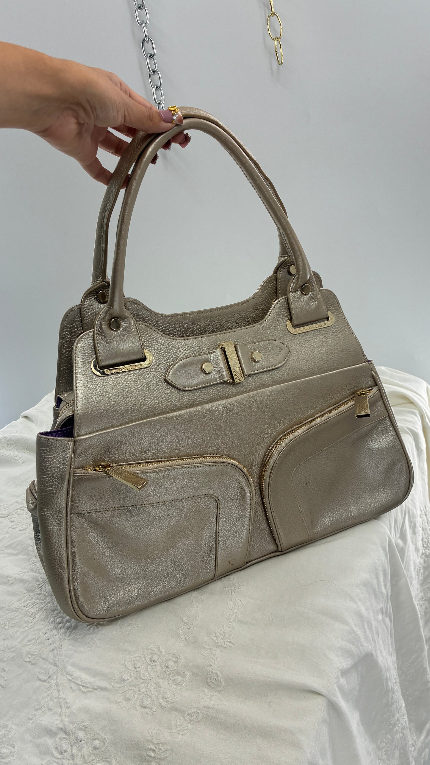 Vintage NOTTINGHILL DESIGNS Westbourne Metallic Champagne Genuine Leather Pocketed Bag with Exaggerated Hardware As Seen on Gossip Girl