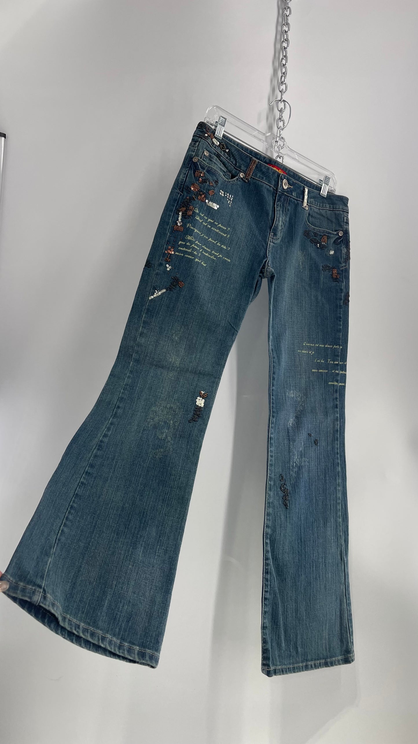 Vintage 1990s American Exchange Embroidered, Beaded Jeans with Distressing and Fade (30)