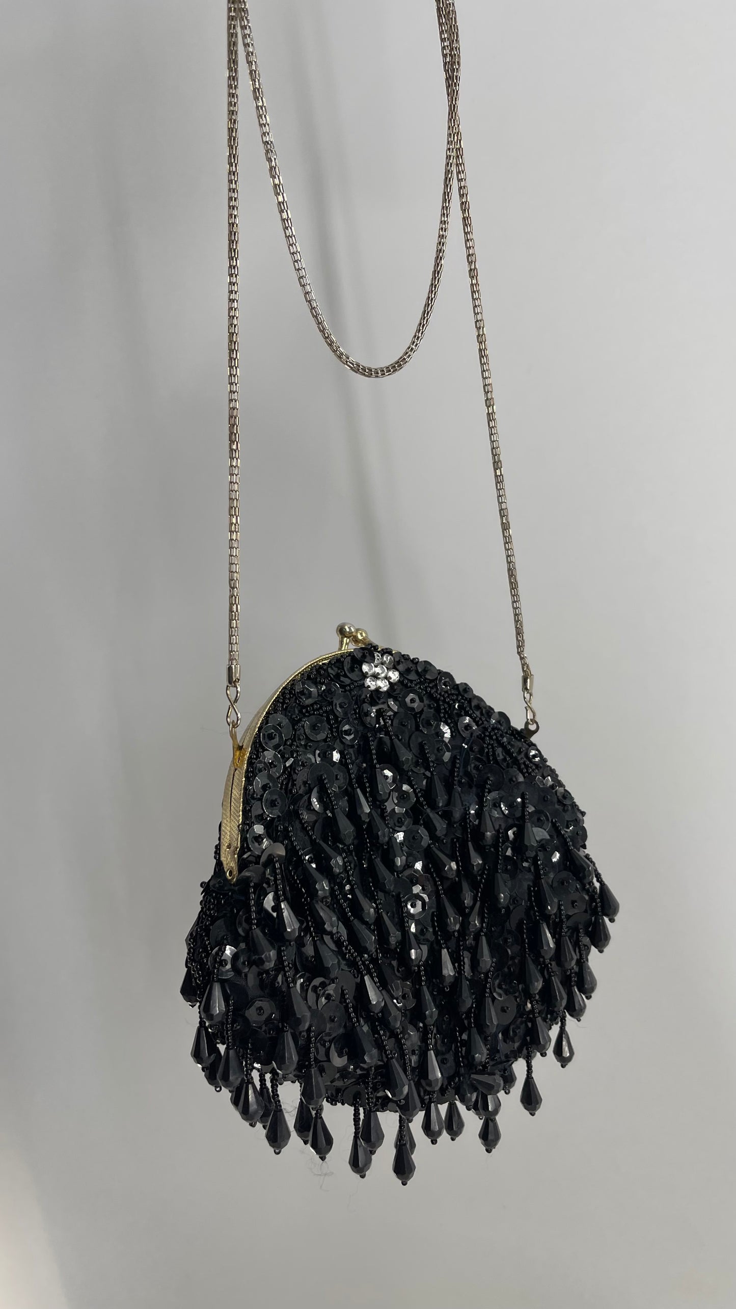 Vintage Black Sequin Beaded Pouch Purse