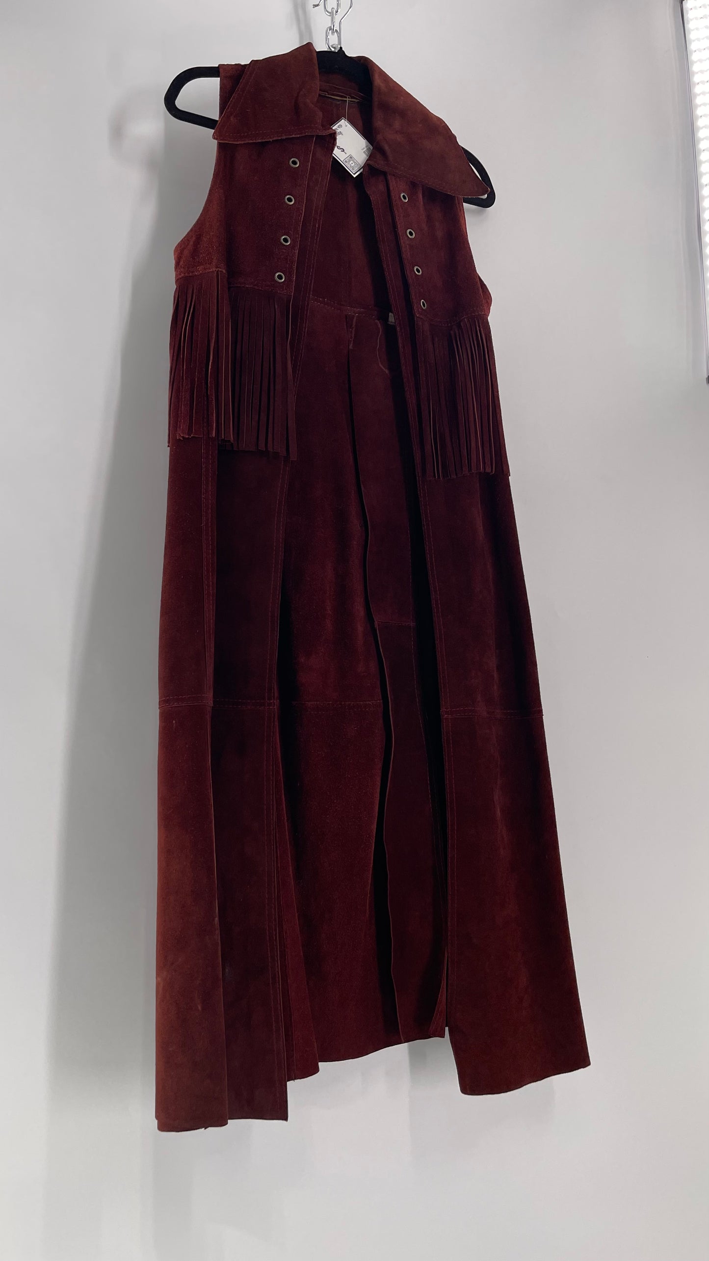 Vintage 1970s Suede Leather Full Length Reddish Brown Vest (S/M)