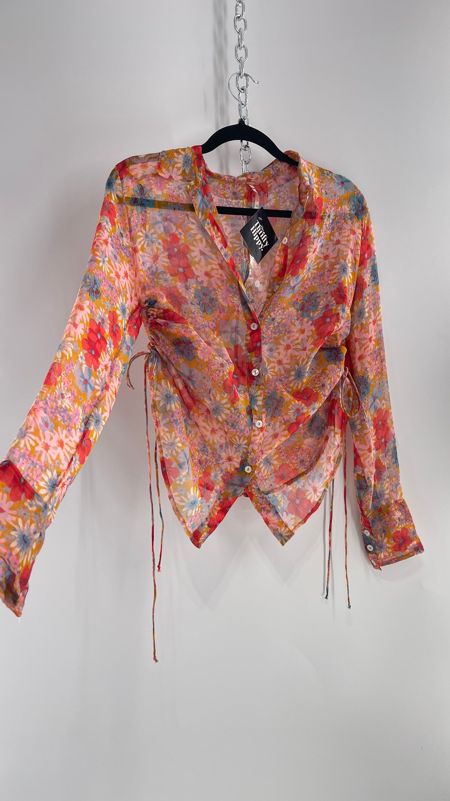 Free People Sheer Orange Floral Button Up with Ruched Sides (XS)