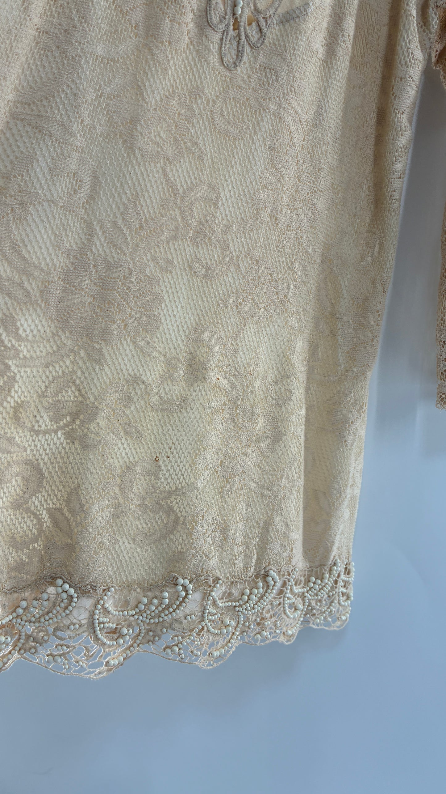 Vintage Free People Beige Long Sleeve Lace Dress with Deep Neckline, Low Back and Beaded Details
