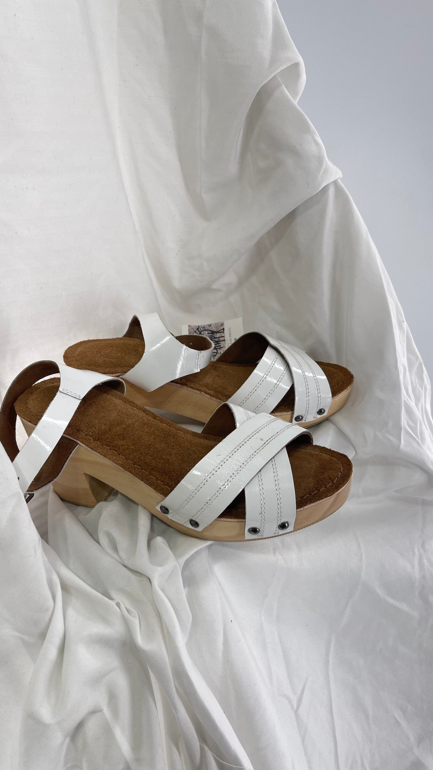 Urban Outfitters White Patent Clogs with Wooden Heel (6)