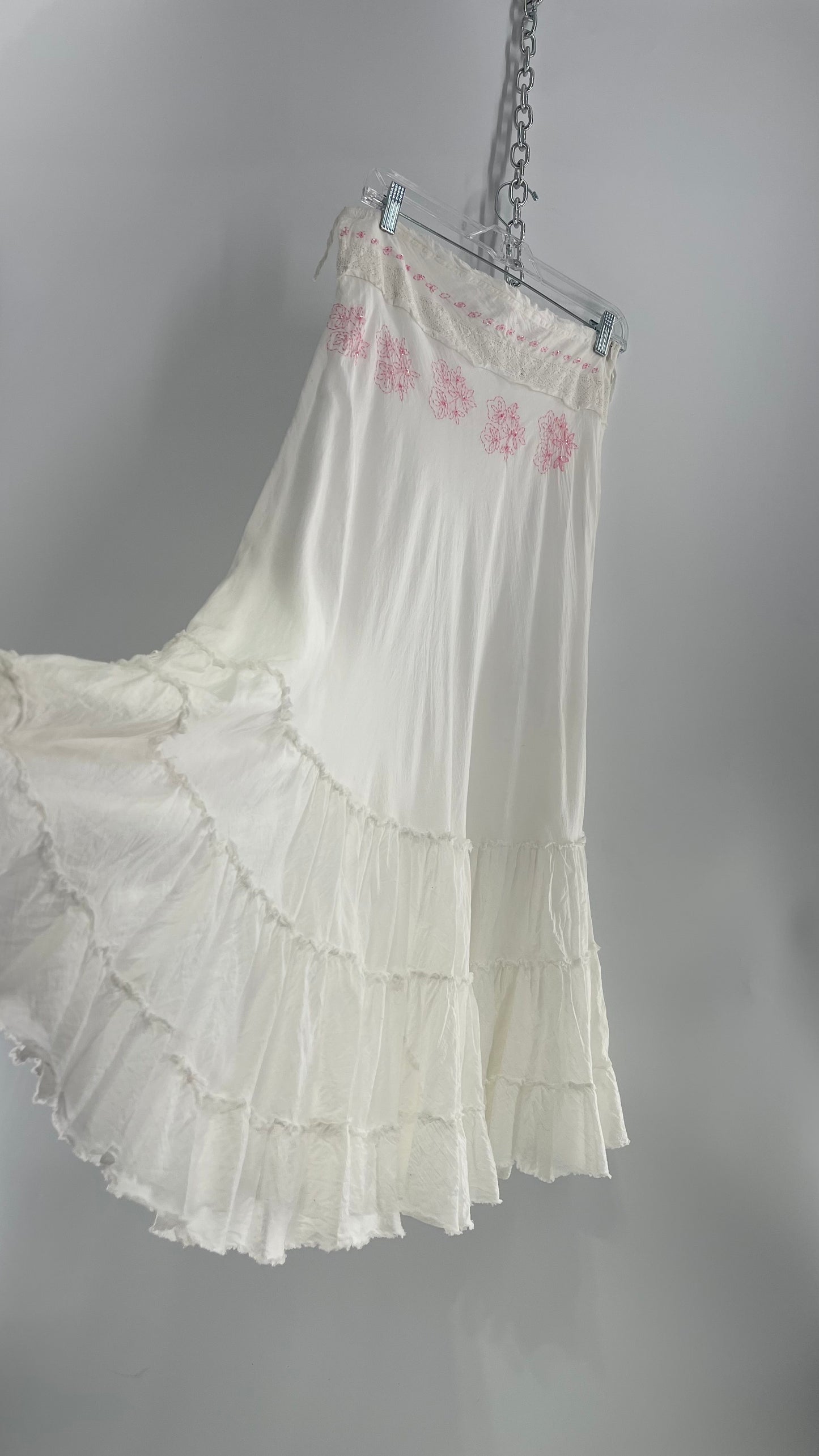 Vintage La Belle White Tiered Maxi Skirt with Pink Embroidery (9)